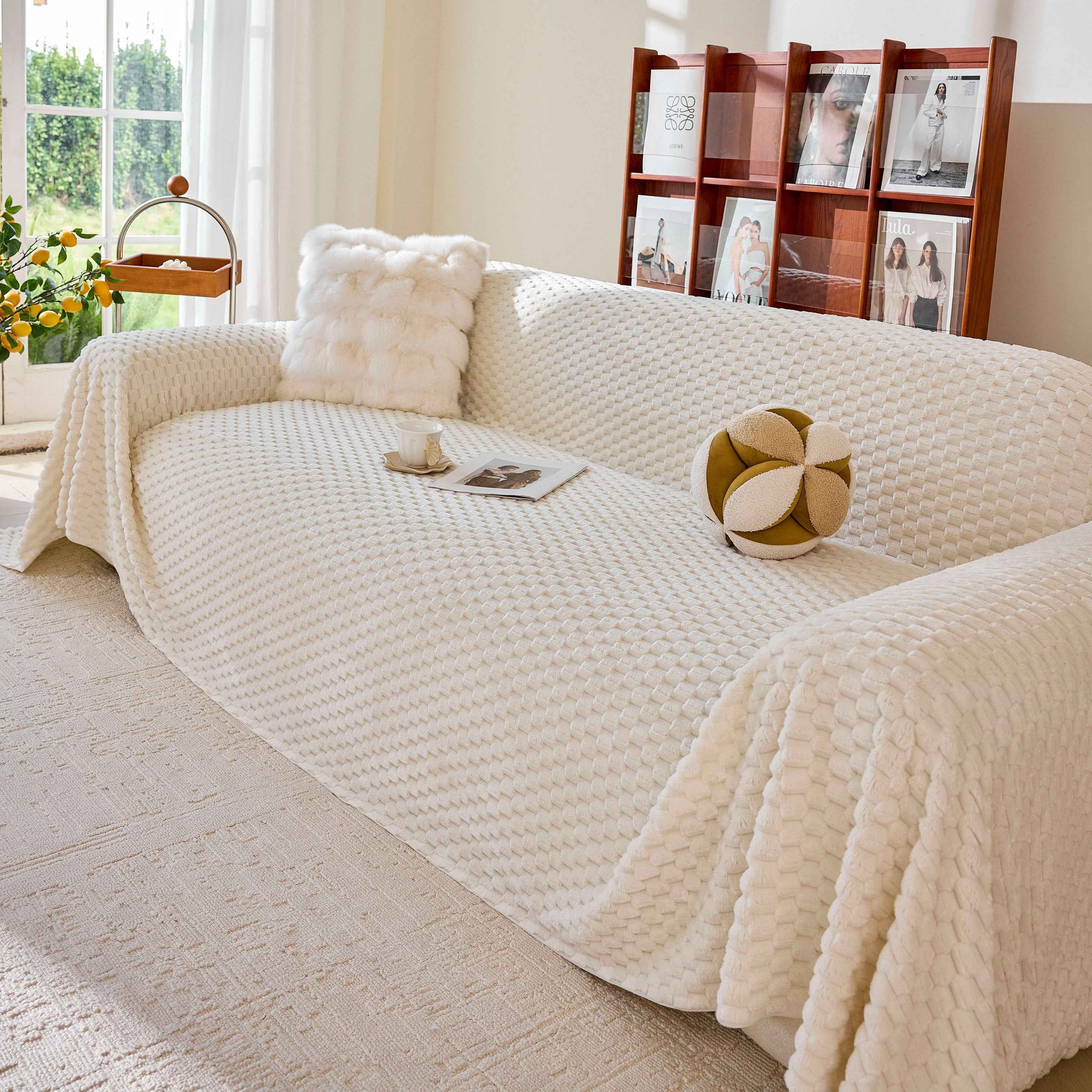 Thick Plush Non-Slip Sofa Throw Cover, Warm Soft Faux Fur Couch Protector for Winter