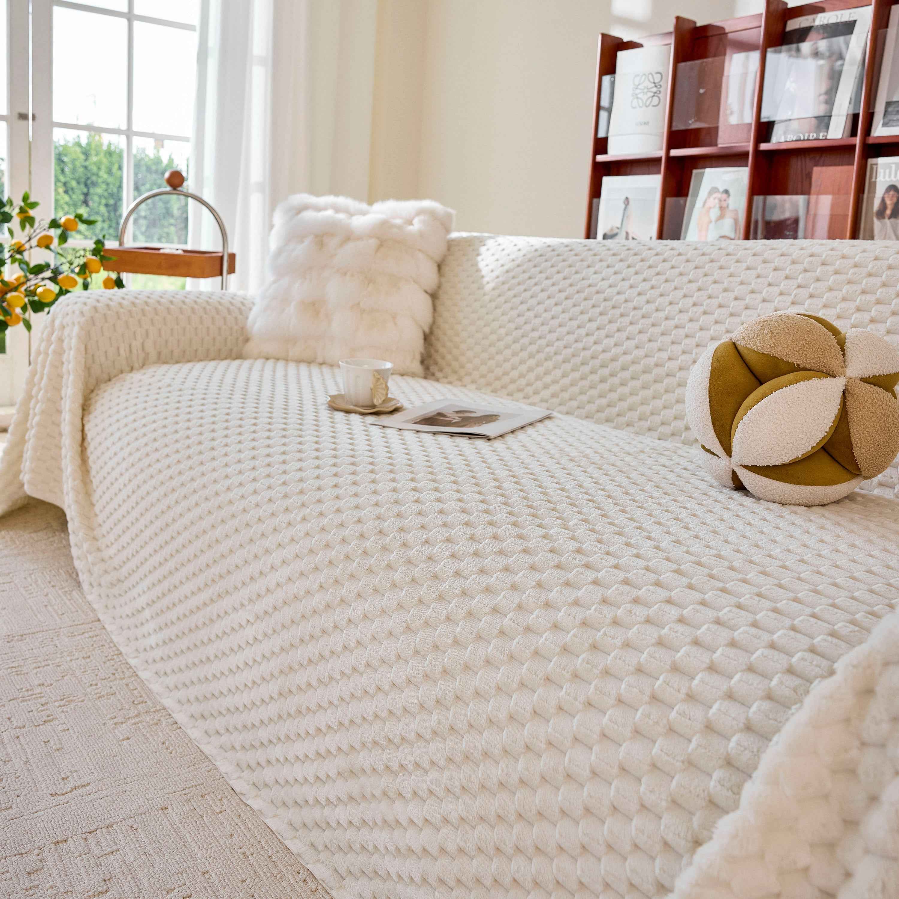Thick Plush Non-Slip Sofa Throw Cover, Warm Soft Faux Fur Couch Protector for Winter