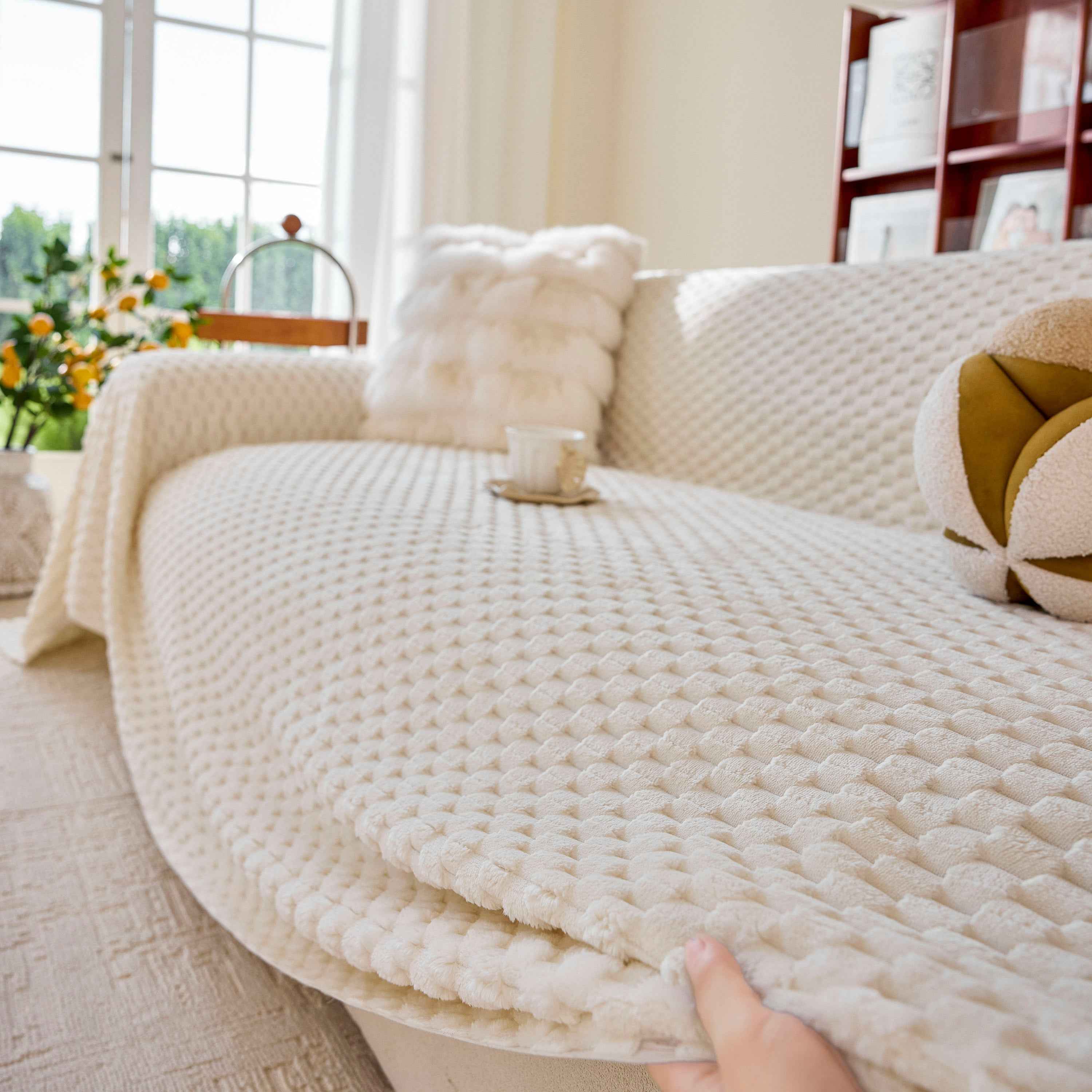 Thick Plush Non-Slip Sofa Throw Cover, Warm Soft Faux Fur Couch Protector for Winter