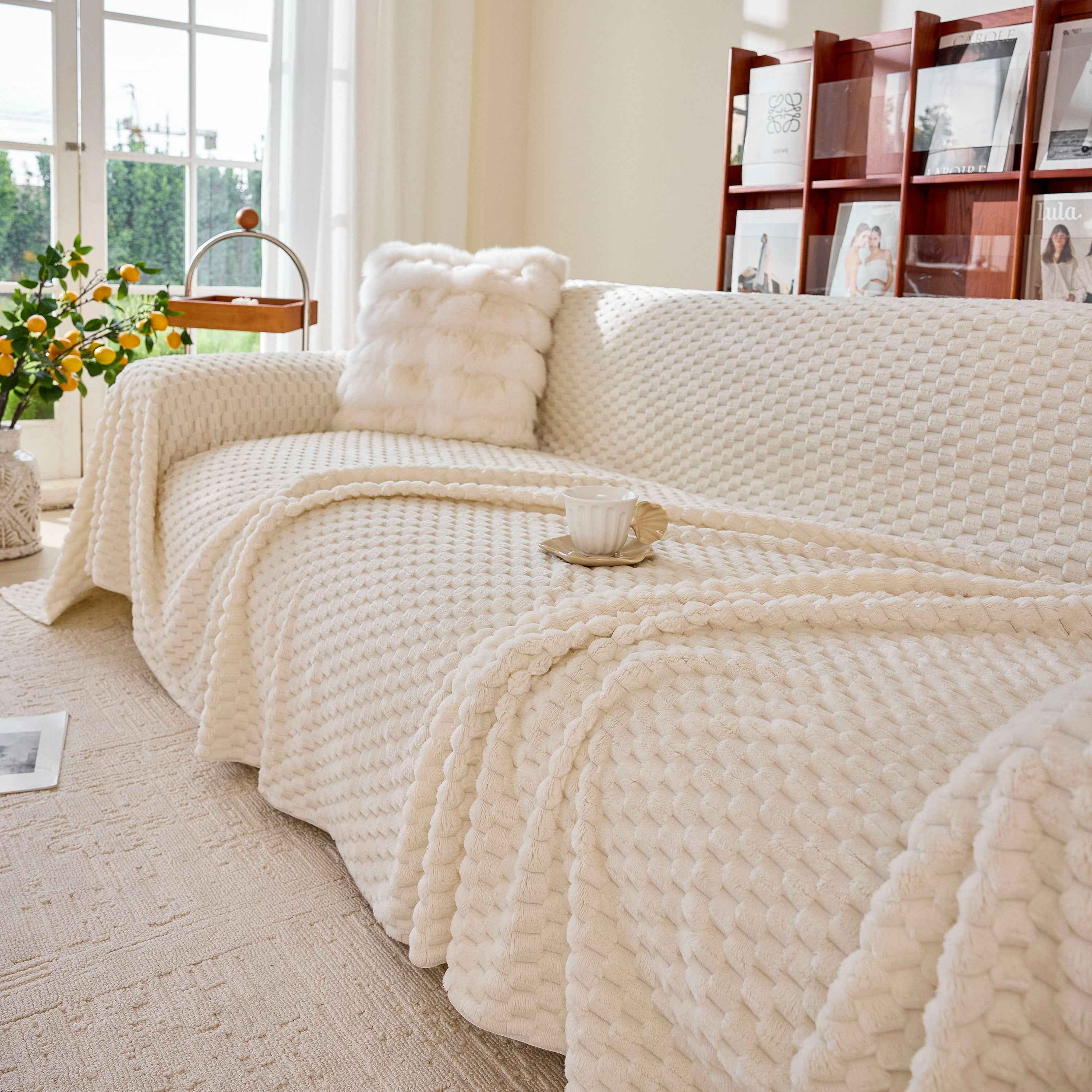 Thick Plush Non-Slip Sofa Throw Cover, Warm Soft Faux Fur Couch Protector for Winter