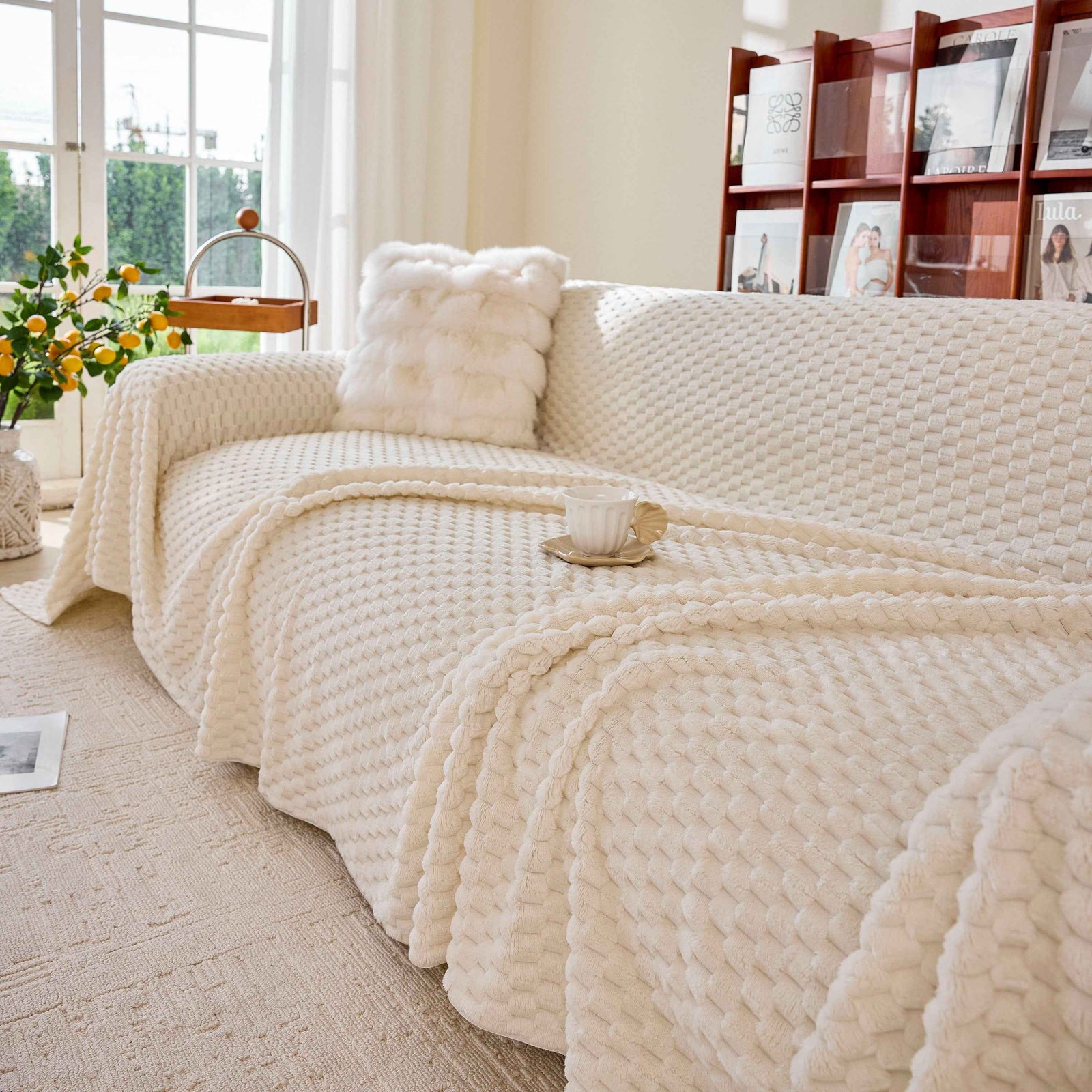 Thick Plush Non-Slip Sofa Throw Cover, Warm Soft Faux Fur Couch Protector for Winter