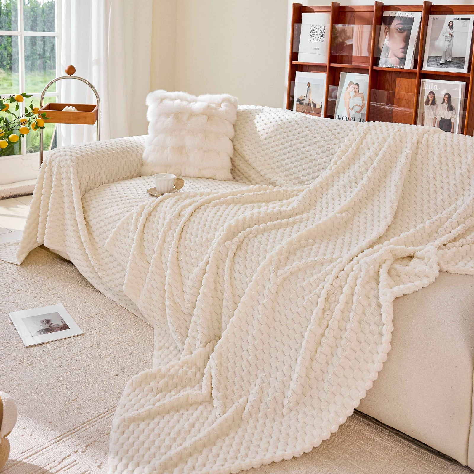 Thick Plush Non-Slip Sofa Throw Cover, Warm Soft Faux Fur Couch Protector for Winter