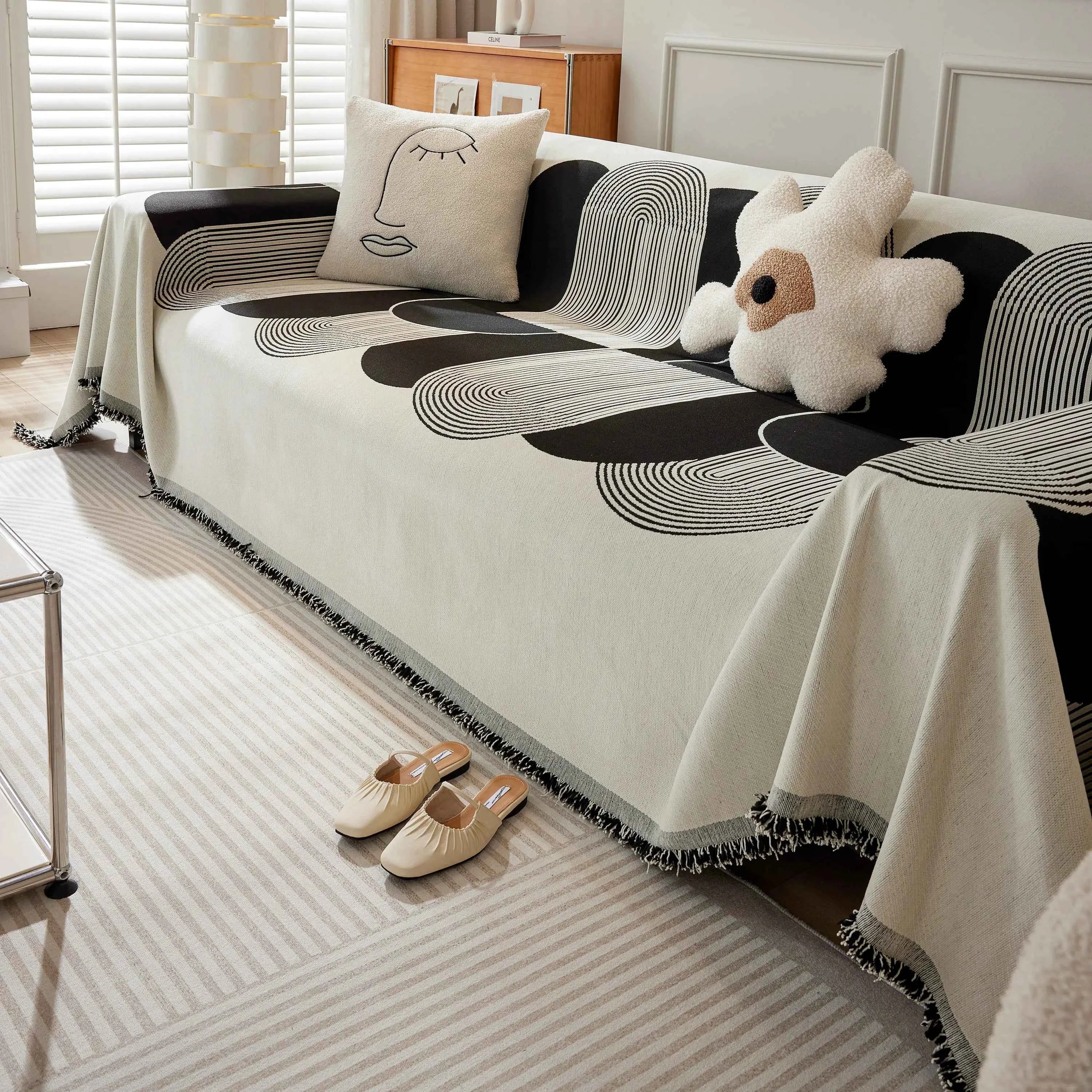 Soft Chenille Tassel Trim Sectional Sofa Protector Couch Covers for Cats Cozy Blanket Sofa Throws
