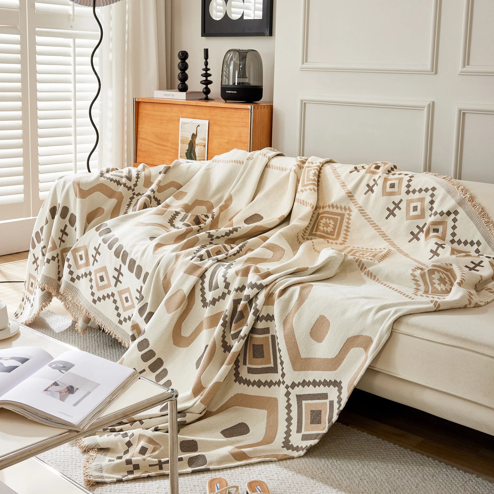 Boho Geometric Chenille Throw Sofa Cover Soft Textured Decorative Couch Blanket