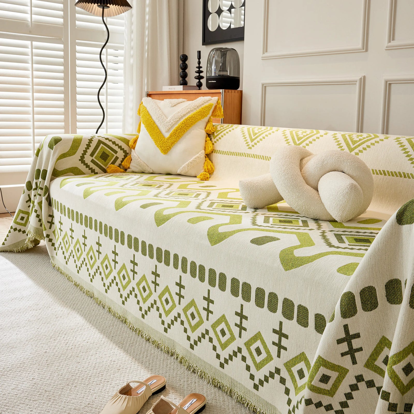 Boho Geometric Chenille Throw Sofa Cover Soft Textured Decorative Couch Blanket
