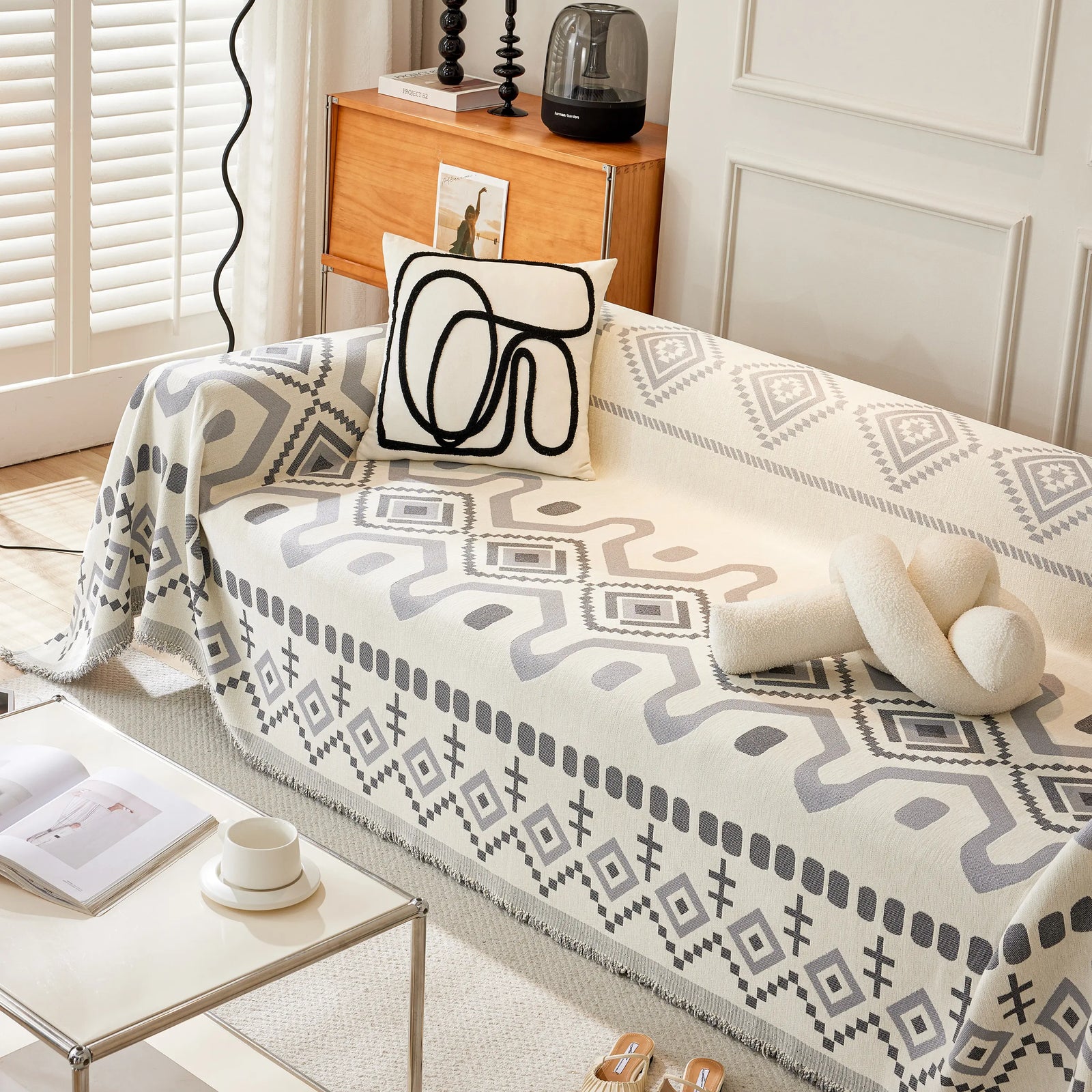 Boho Geometric Chenille Throw Sofa Cover Soft Textured Decorative Couch Blanket