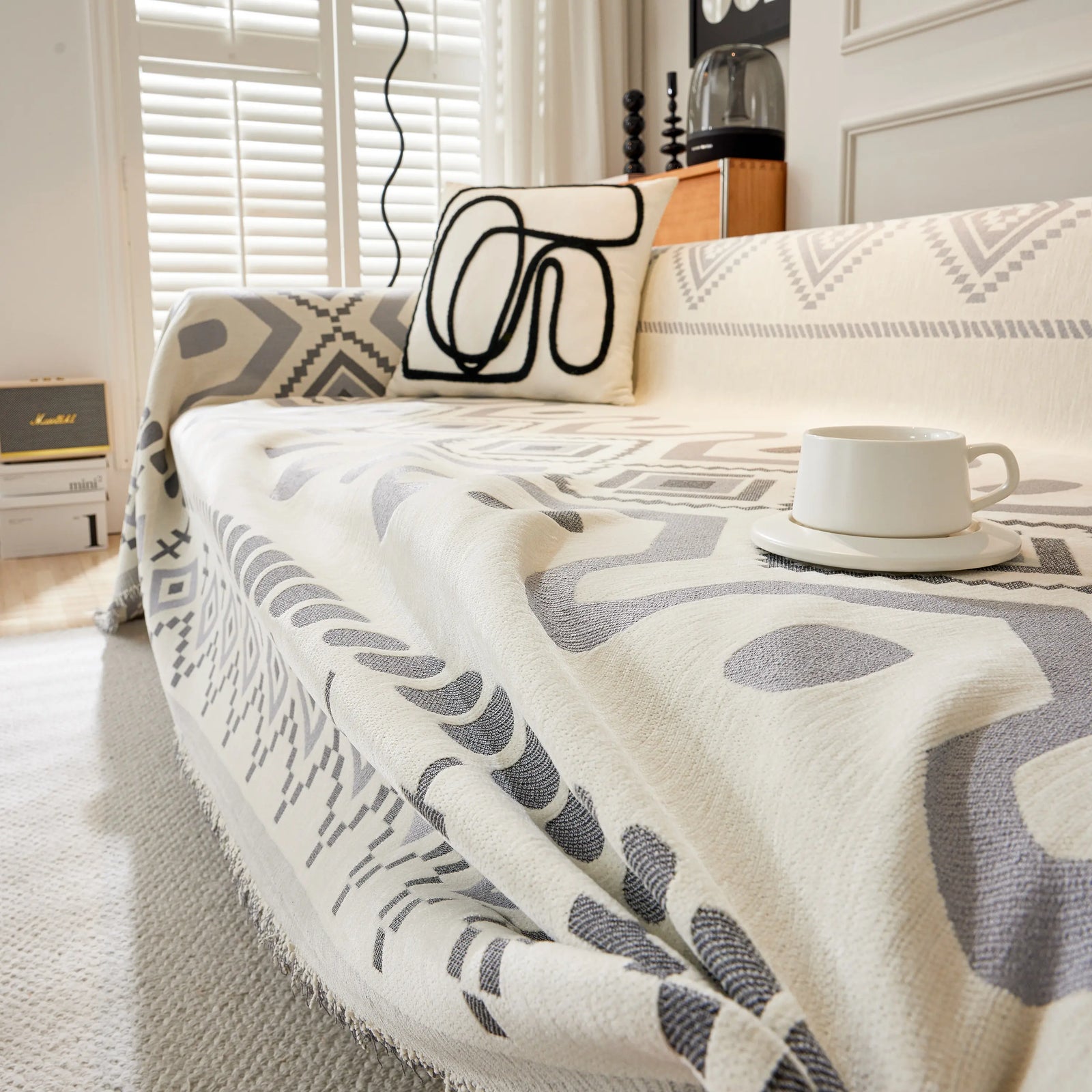 Boho Geometric Chenille Throw Sofa Cover Soft Textured Decorative Couch Blanket