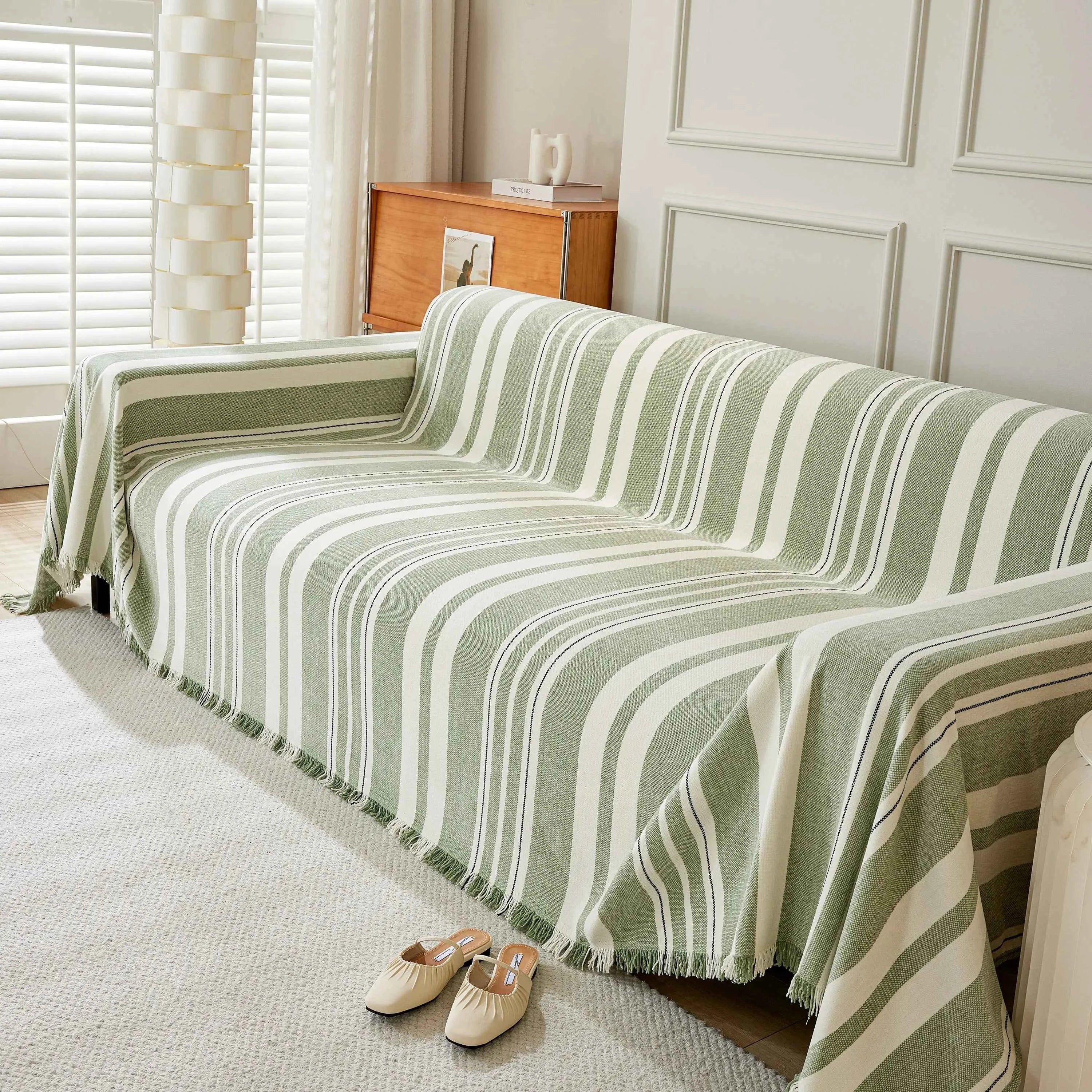 Striped Chenille Sofa Slipcover Throw, Soft Thick Washable Couch Cover Blanket