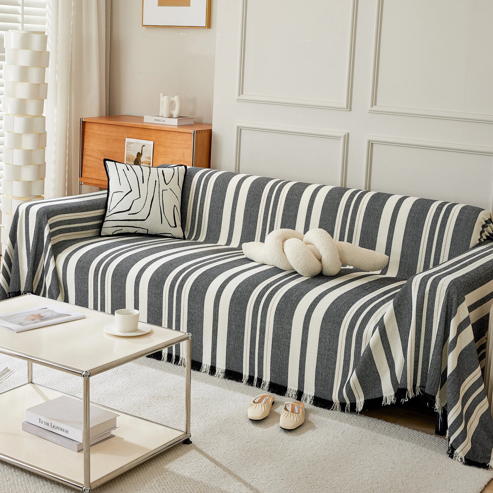 Striped Chenille Sofa Slipcover Throw, Soft Thick Washable Couch Cover Blanket