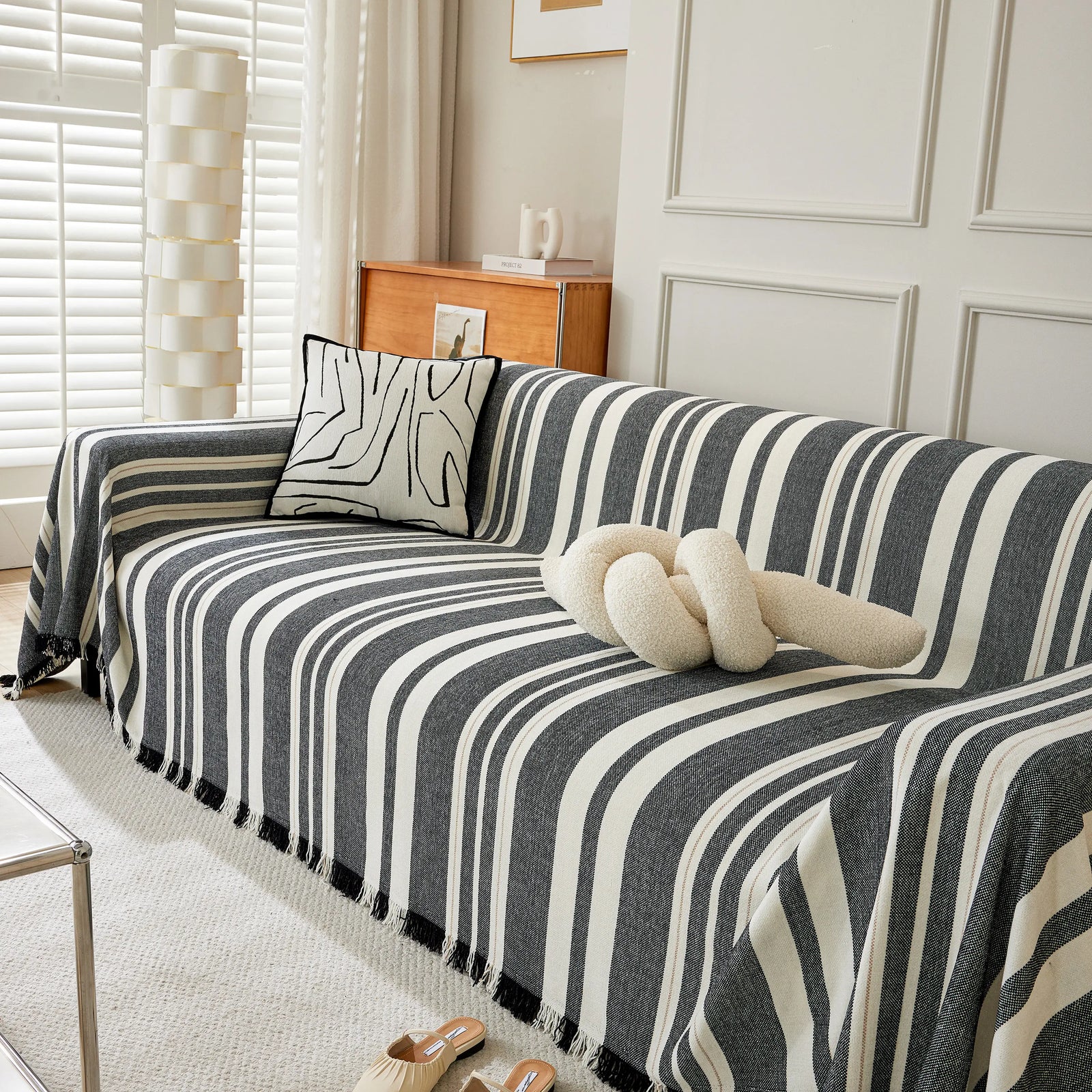 Striped Chenille Sofa Slipcover Throw, Soft Thick Washable Couch Cover Blanket