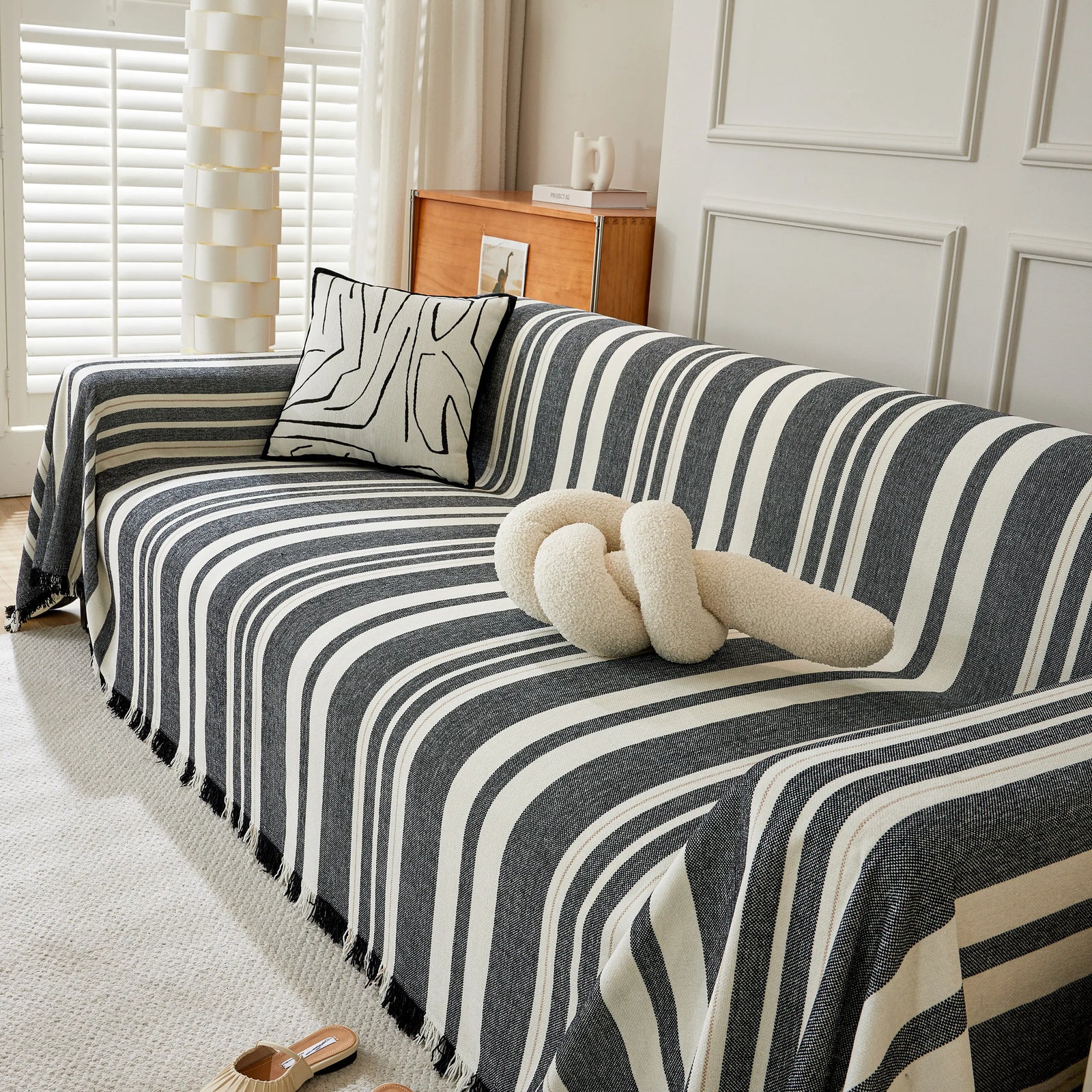 Striped Chenille Sofa Slipcover Throw, Soft Thick Washable Couch Cover Blanket