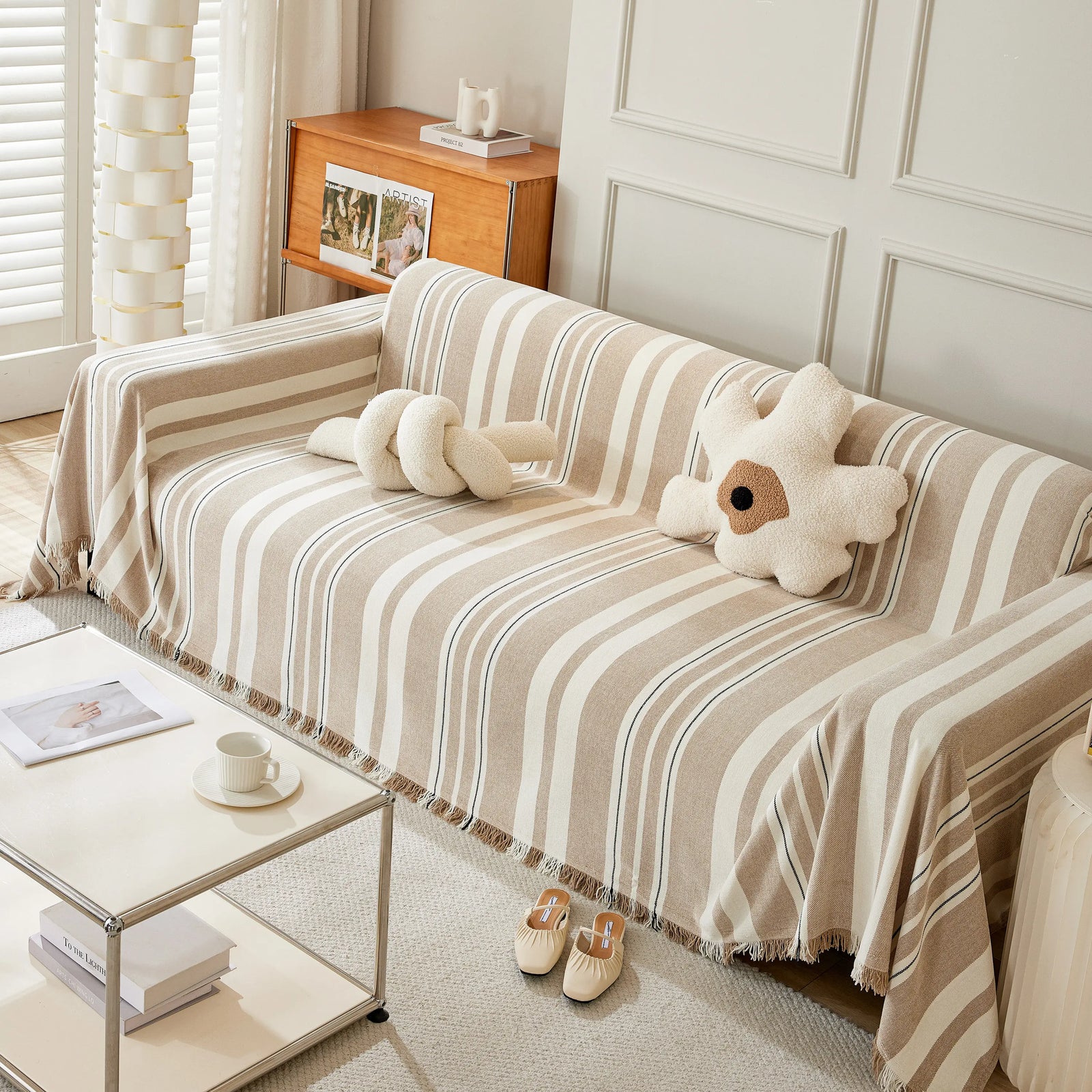 Striped Chenille Sofa Slipcover Throw, Soft Thick Washable Couch Cover Blanket