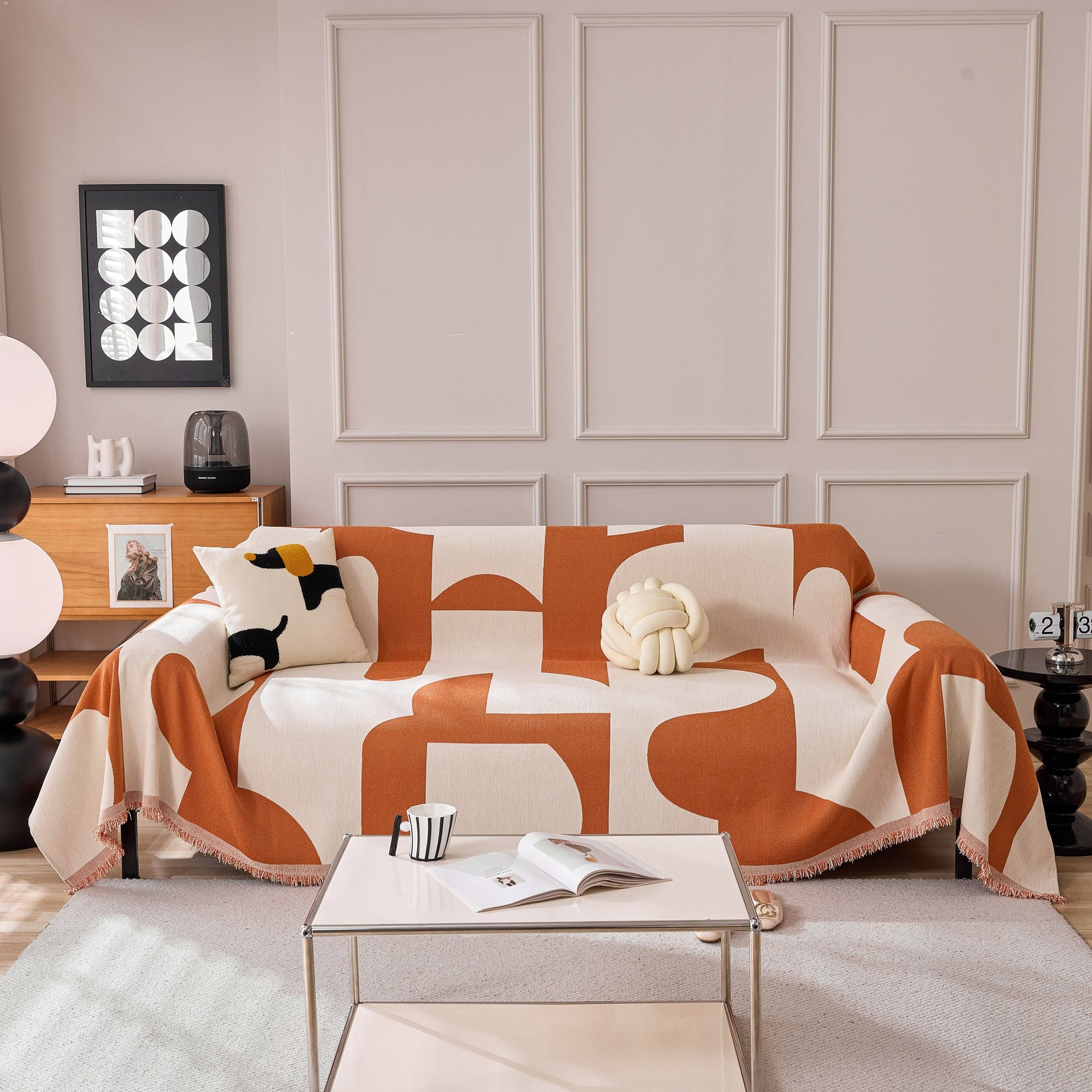 Modern Abstract Chenille Sofa Cover, Large Soft Throw Blanket with Tassels for Couch
