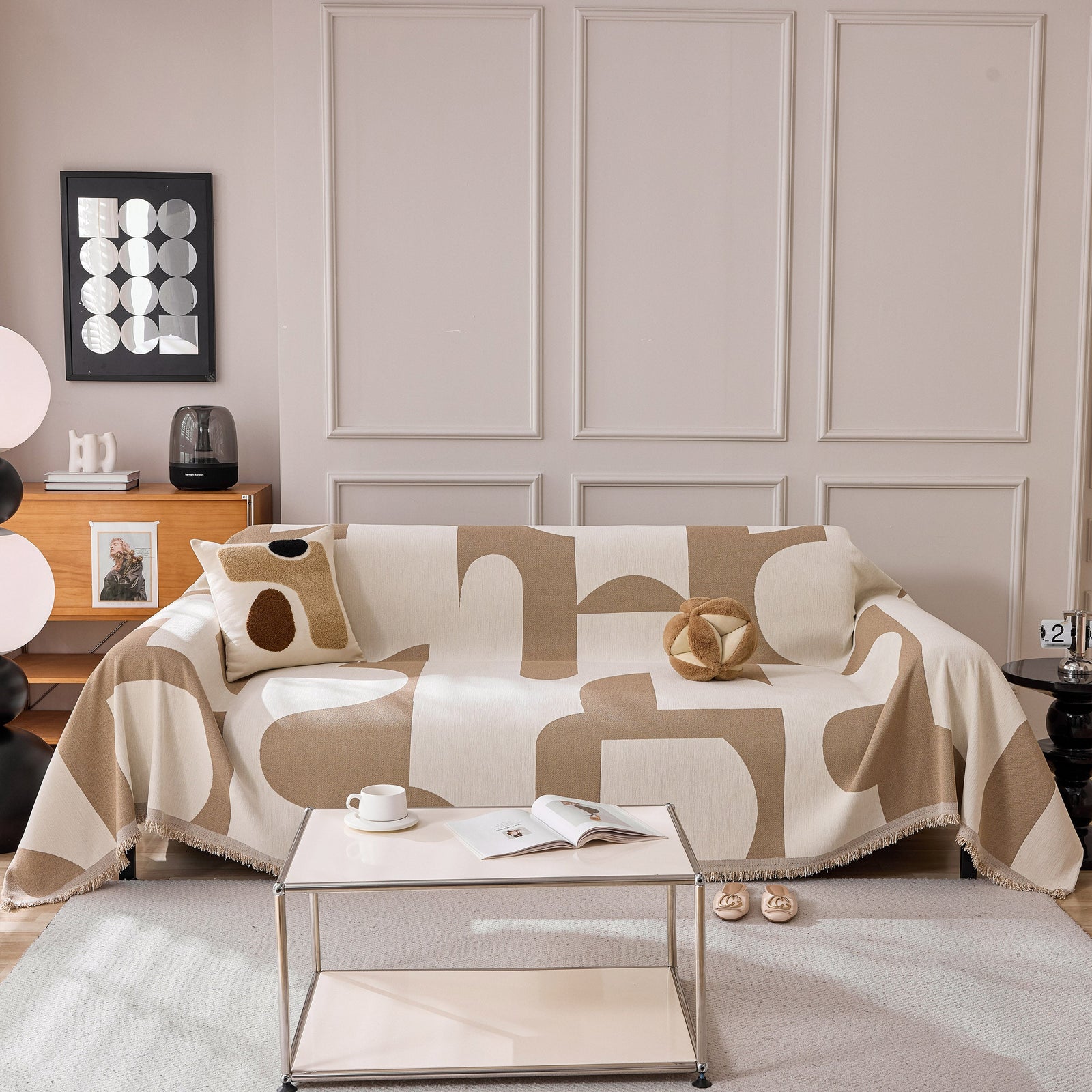 Modern Abstract Chenille Sofa Cover, Large Soft Throw Blanket with Tassels for Couch