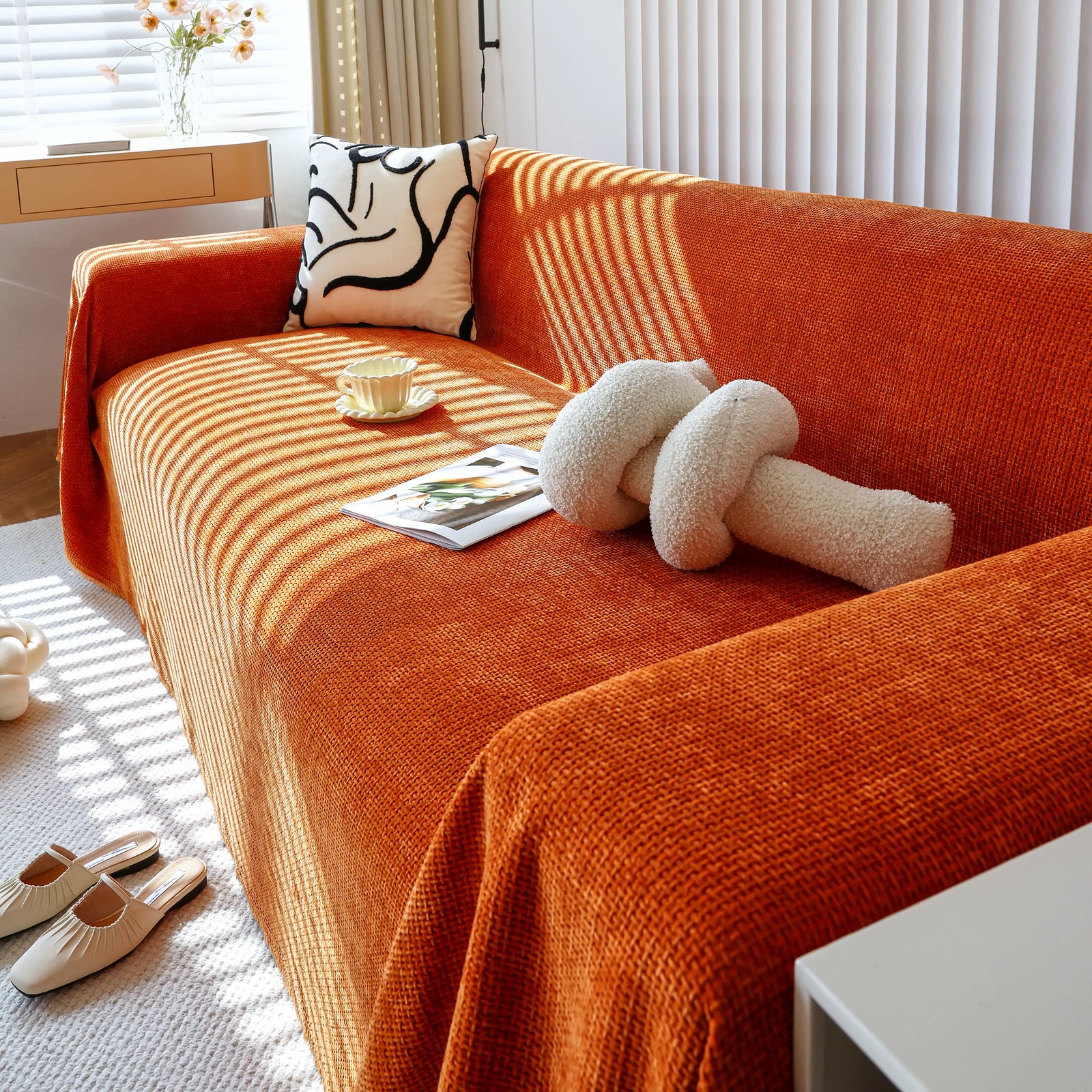 Chenille Thickened Solid Couch Blanket Throws, Reversible Couch Covers for Sectional Couches