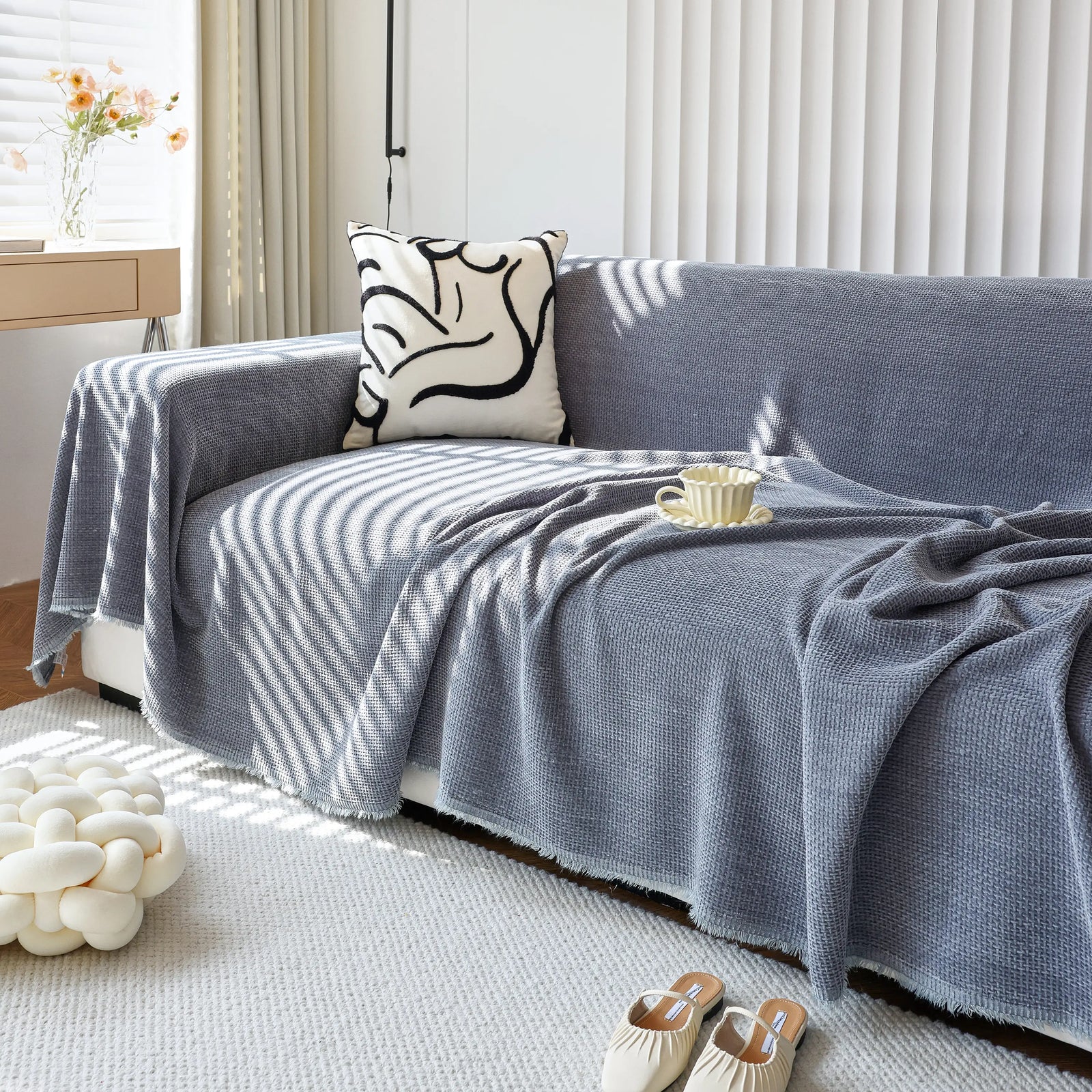 Chenille Thickened Solid Couch Blanket Throws, Reversible Couch Covers for Sectional Couches