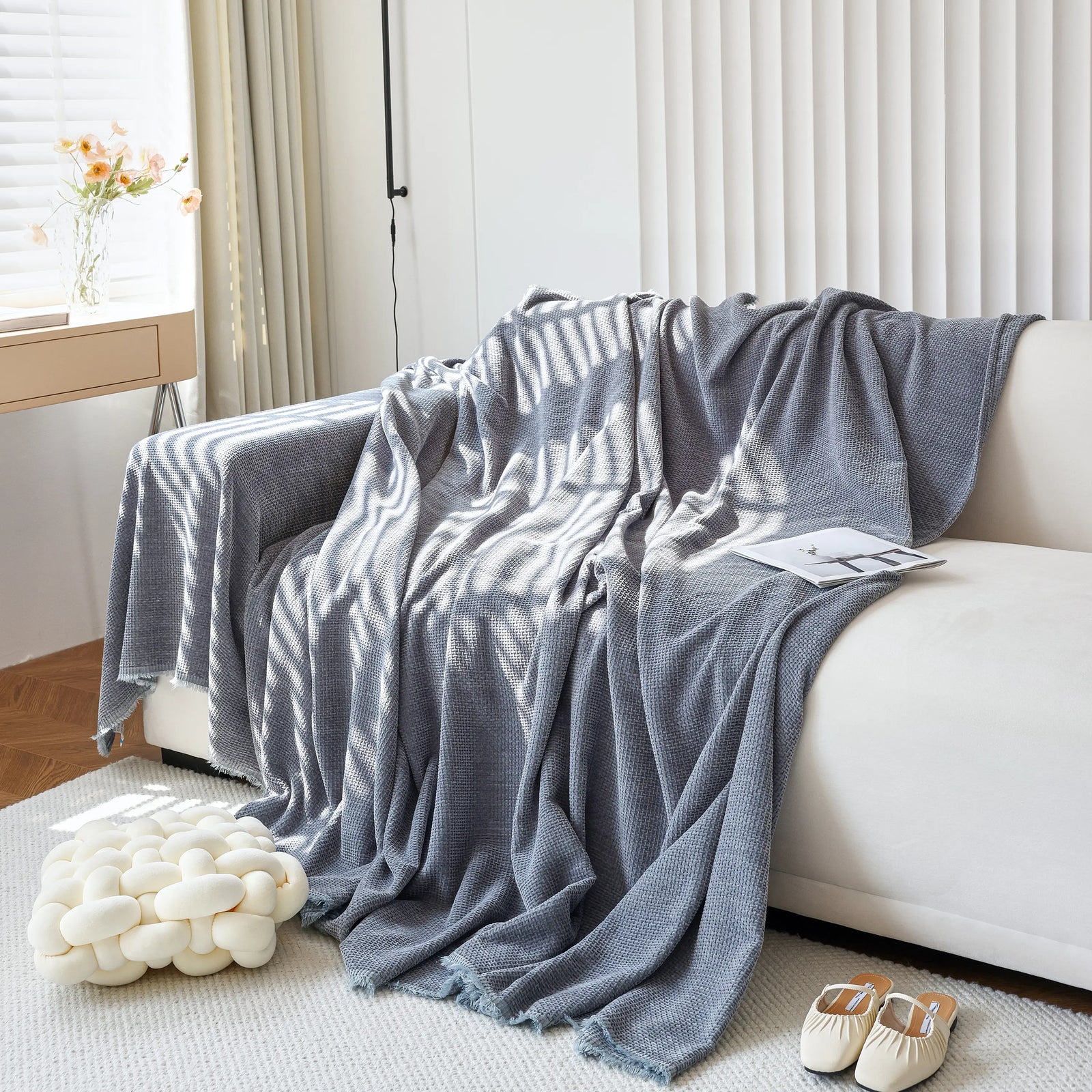 Chenille Thickened Solid Couch Blanket Throws, Reversible Couch Covers for Sectional Couches