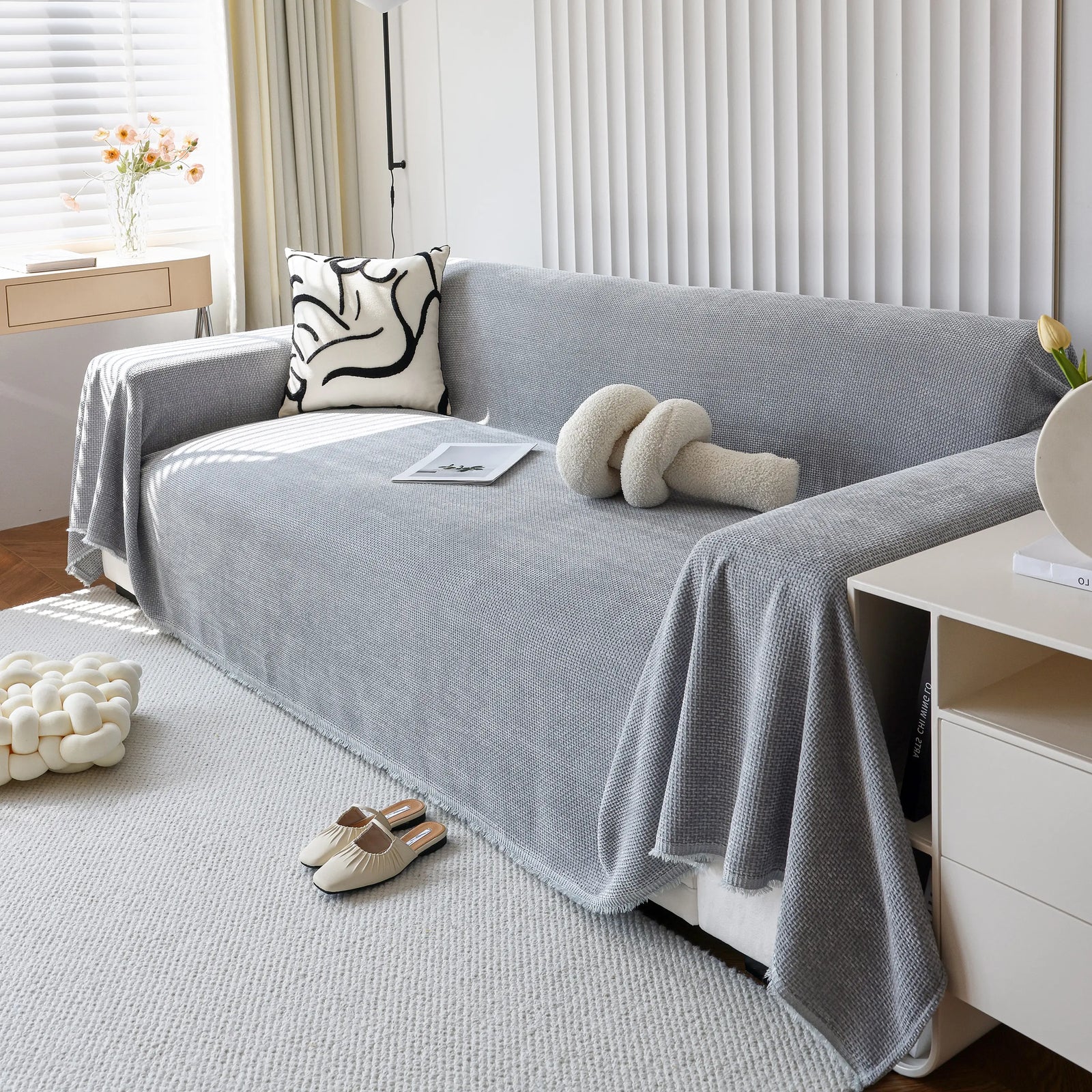 Chenille Thickened Solid Couch Blanket Throws, Reversible Couch Covers for Sectional Couches