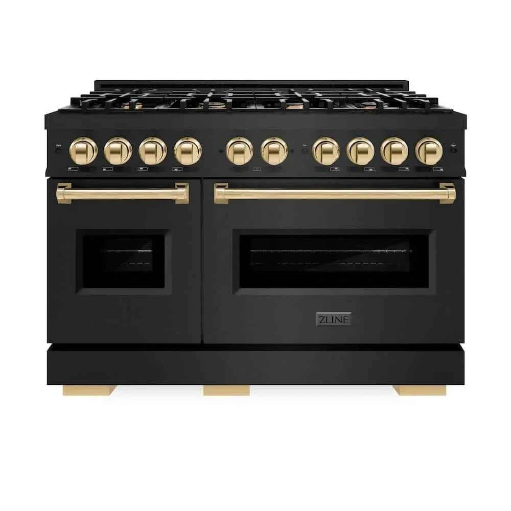 ZLINE 48" Dual Fuel Range, Gas Cooktop, Electric Convection Oven Black Stainless Steel, Gold CDRBZ-48-G