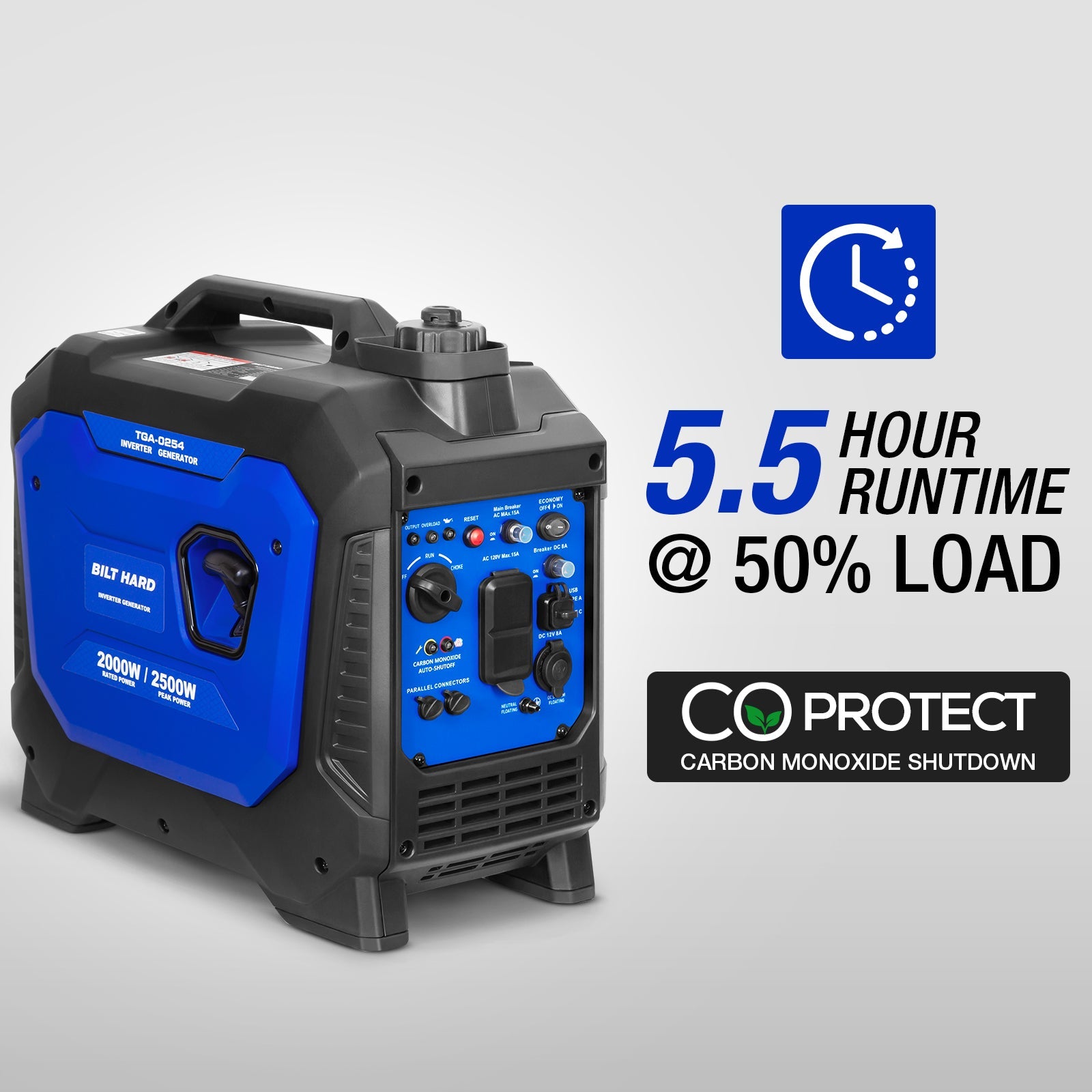 BILT HARD 2500W Portable Inverter Generator – Quiet 80cc 4-Stroke Ducar® Engine, CO Sensor, 120V AC & 12V DC, Compact Backup Power for Camping, RV, Home