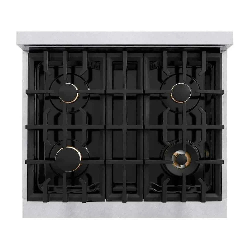 ZLINE 30" Dual Fuel Range, Gas Cooktop, Electric Convection Oven DuraSnow® Stainless Steel, Gold CDRSZ-30-G
