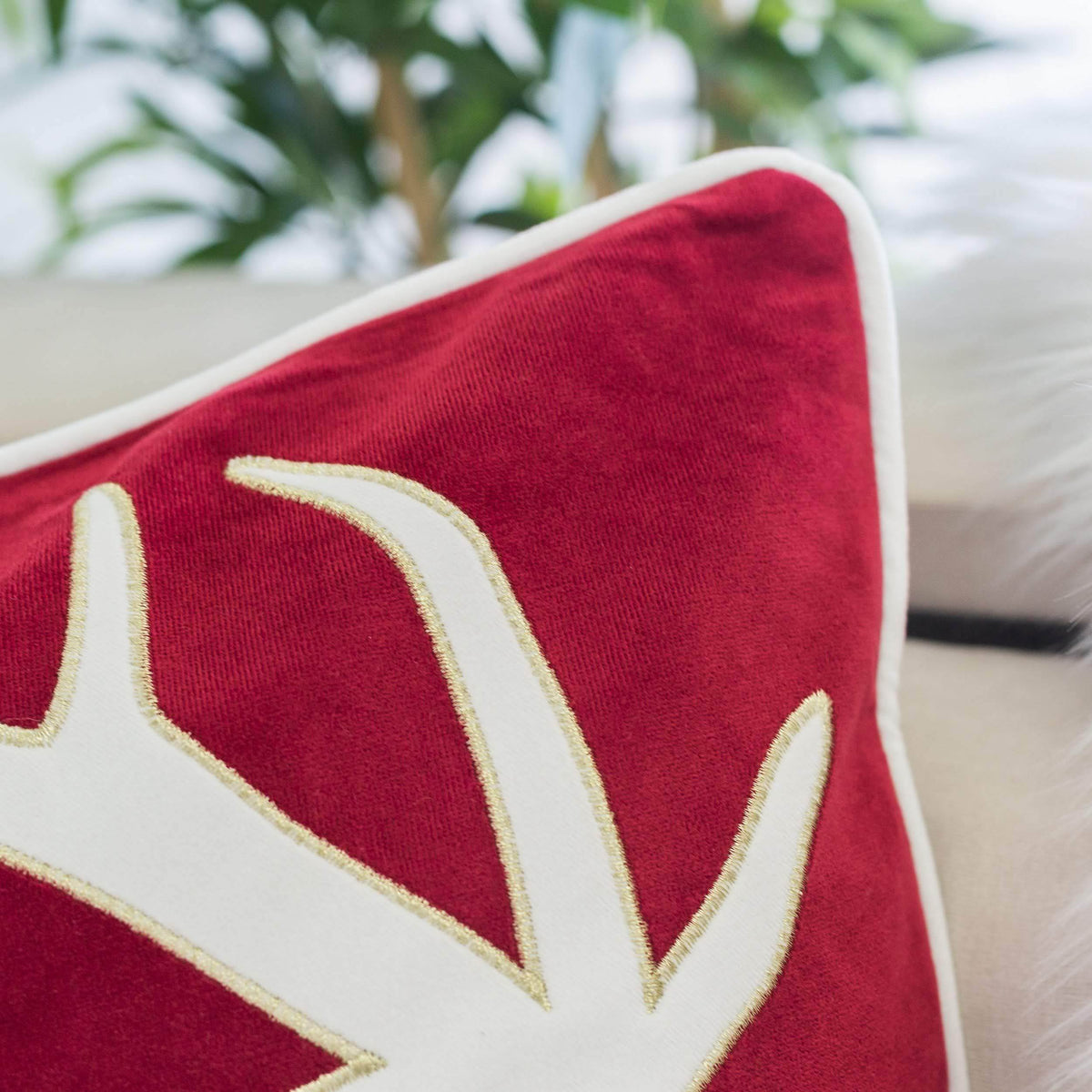 Holiday Reindeer Velvet Accent Pillow 20x20 – Red and White with Insert
