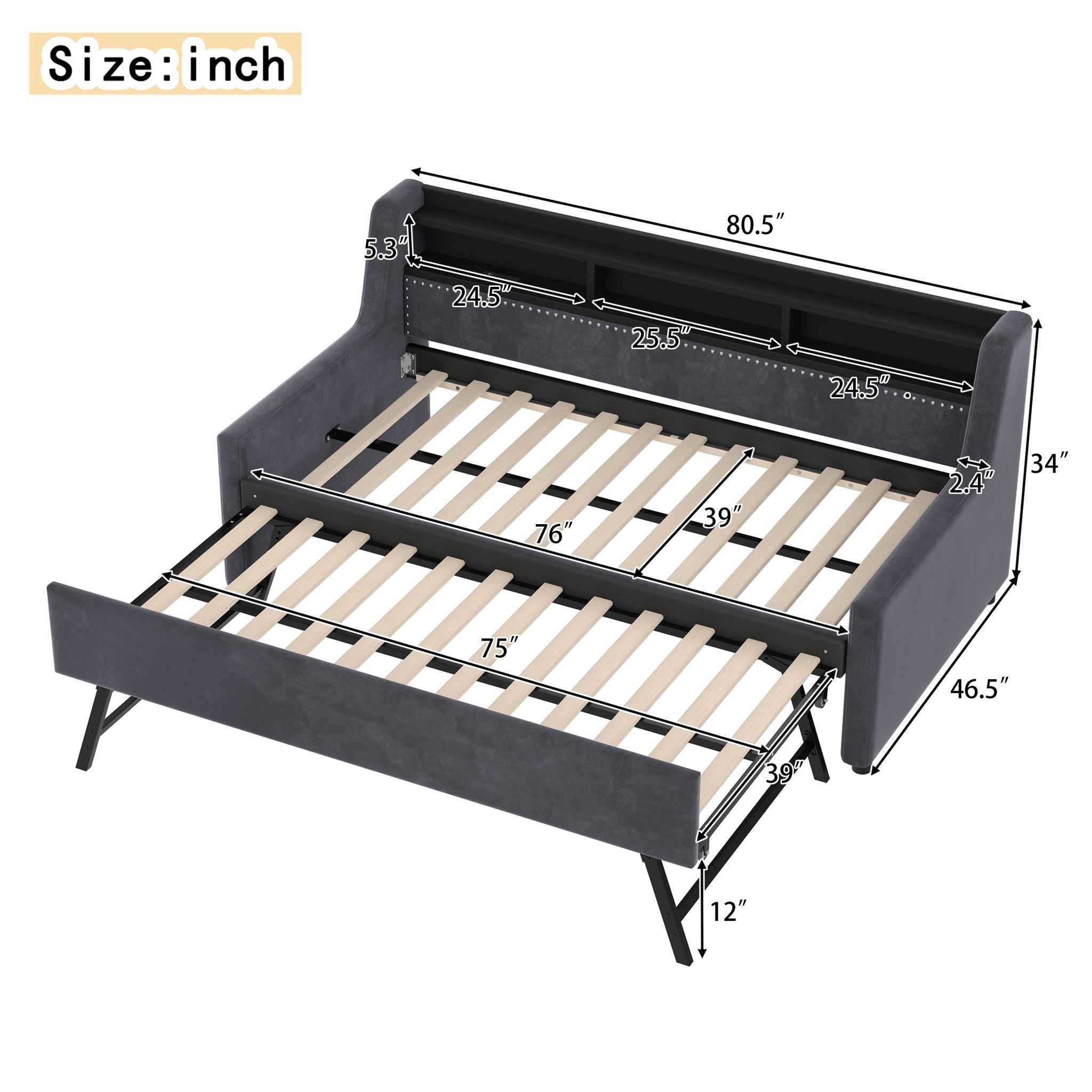 Twin Size Daybed With Trundle With LED Light ＆ Charging Station - Dark Gray