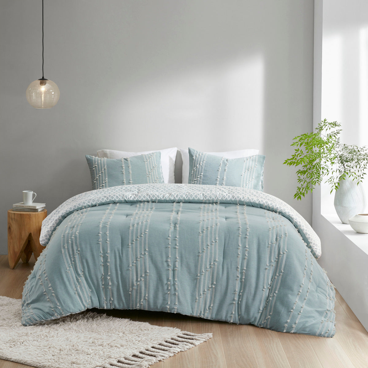 3 Piece Cotton Jacquard Comforter Set Aqua Full/Queen