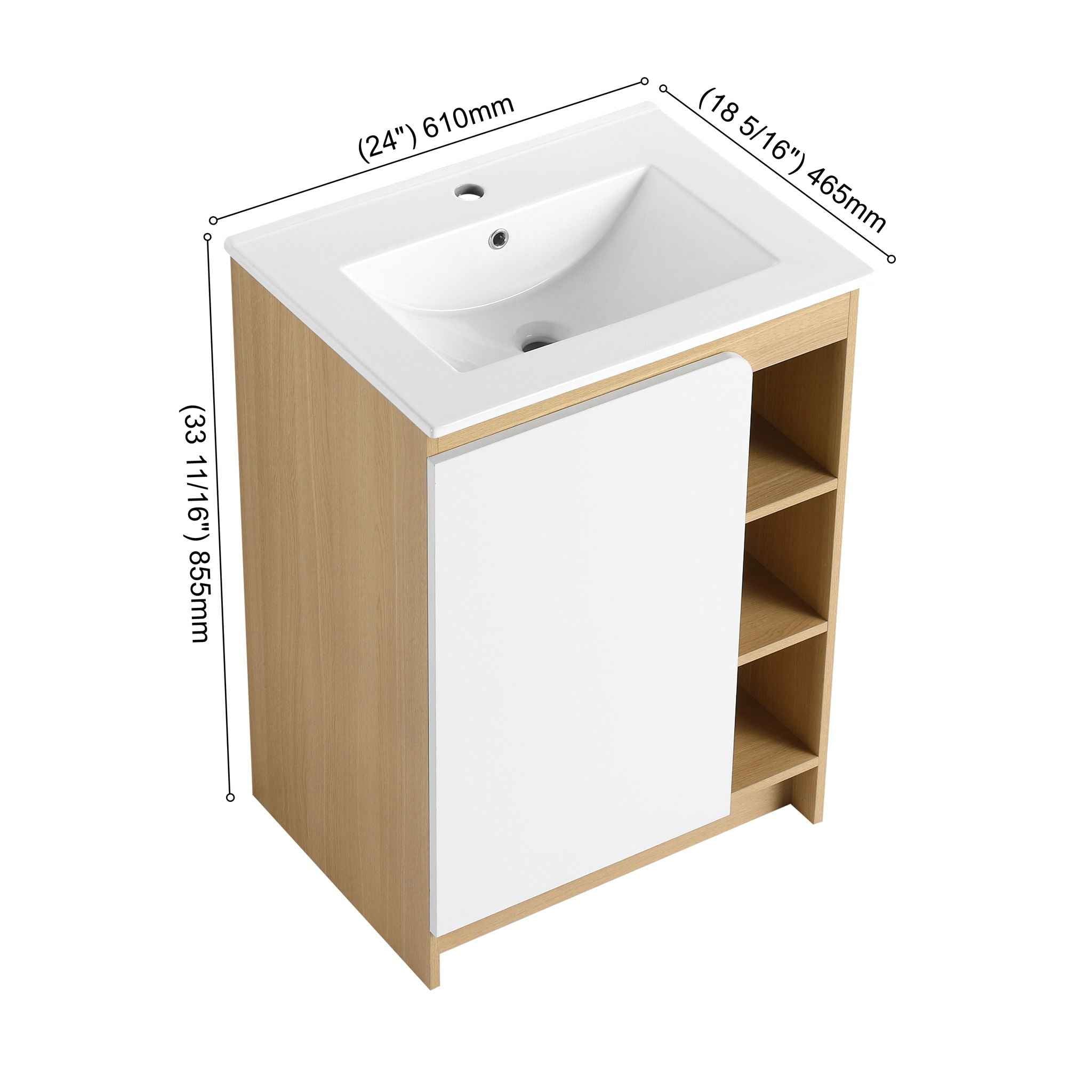 Freestanding Bathroom Vanity With Thin Rim Sink, Single Door With 4 Tier Open Shelves - Light Oak / White