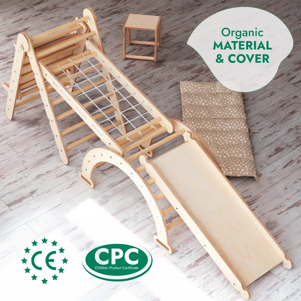 6 in 1 Montessori Climbing Set: Triangle Ladder + Arch/Rocker + Slide/Ramp + Net + Cushion + Art Addition