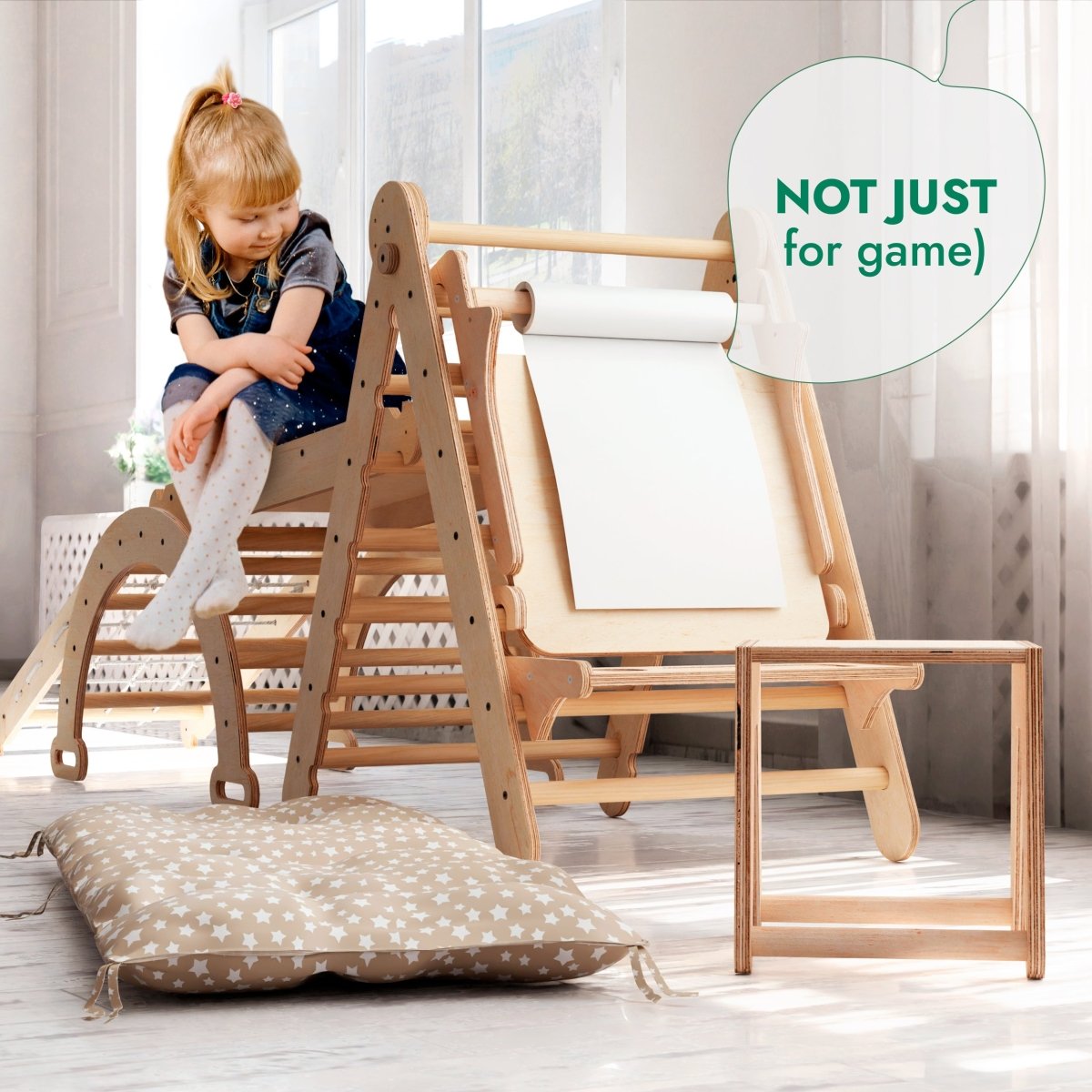 6 in 1 Montessori Climbing Set: Triangle Ladder + Arch/Rocker + Slide/Ramp + Net + Cushion + Art Addition