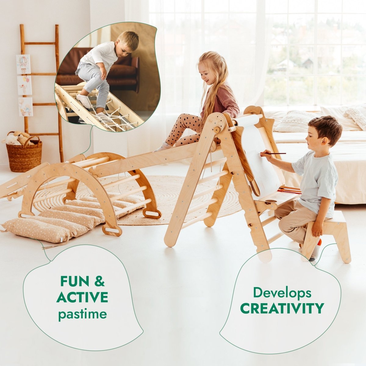 6 in 1 Montessori Climbing Set: Triangle Ladder + Arch/Rocker + Slide/Ramp + Net + Cushion + Art Addition