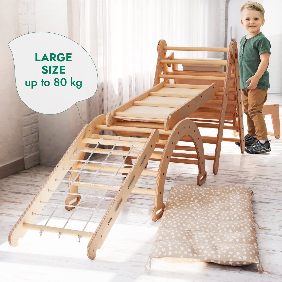 6 in 1 Montessori Climbing Set: Triangle Ladder + Arch/Rocker + Slide/Ramp + Net + Cushion + Art Addition