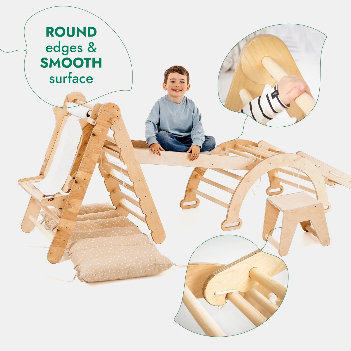 6 in 1 Montessori Climbing Set: Triangle Ladder + Arch/Rocker + Slide/Ramp + Net + Cushion + Art Addition