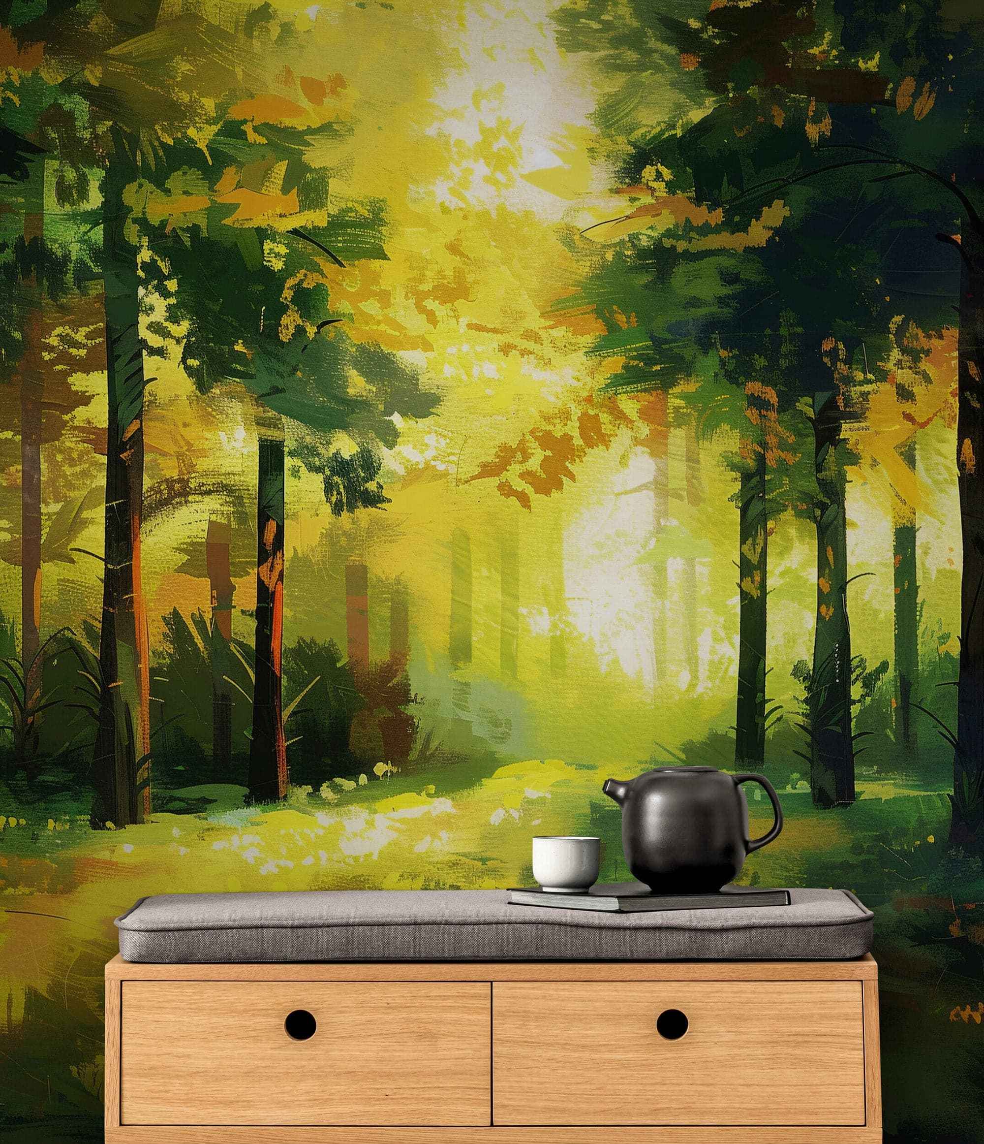 Green Forest Painting Wallpaper Mural. #7018