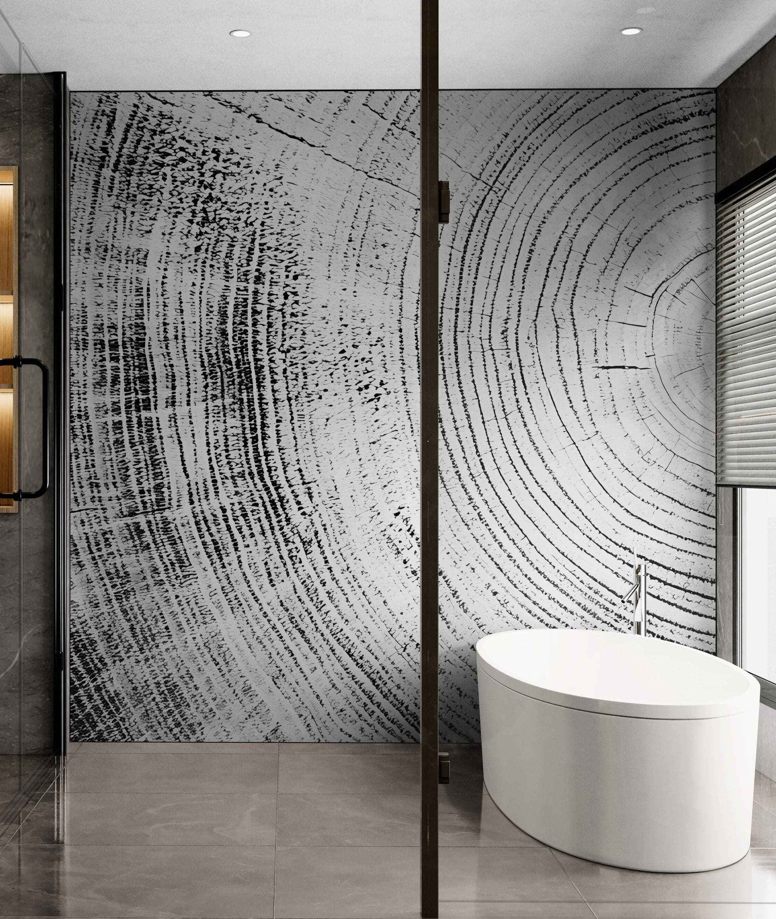 Tree Rings Wallpaper Mural. Black and White  Modern Wood Grain Circle Pattern. #7022