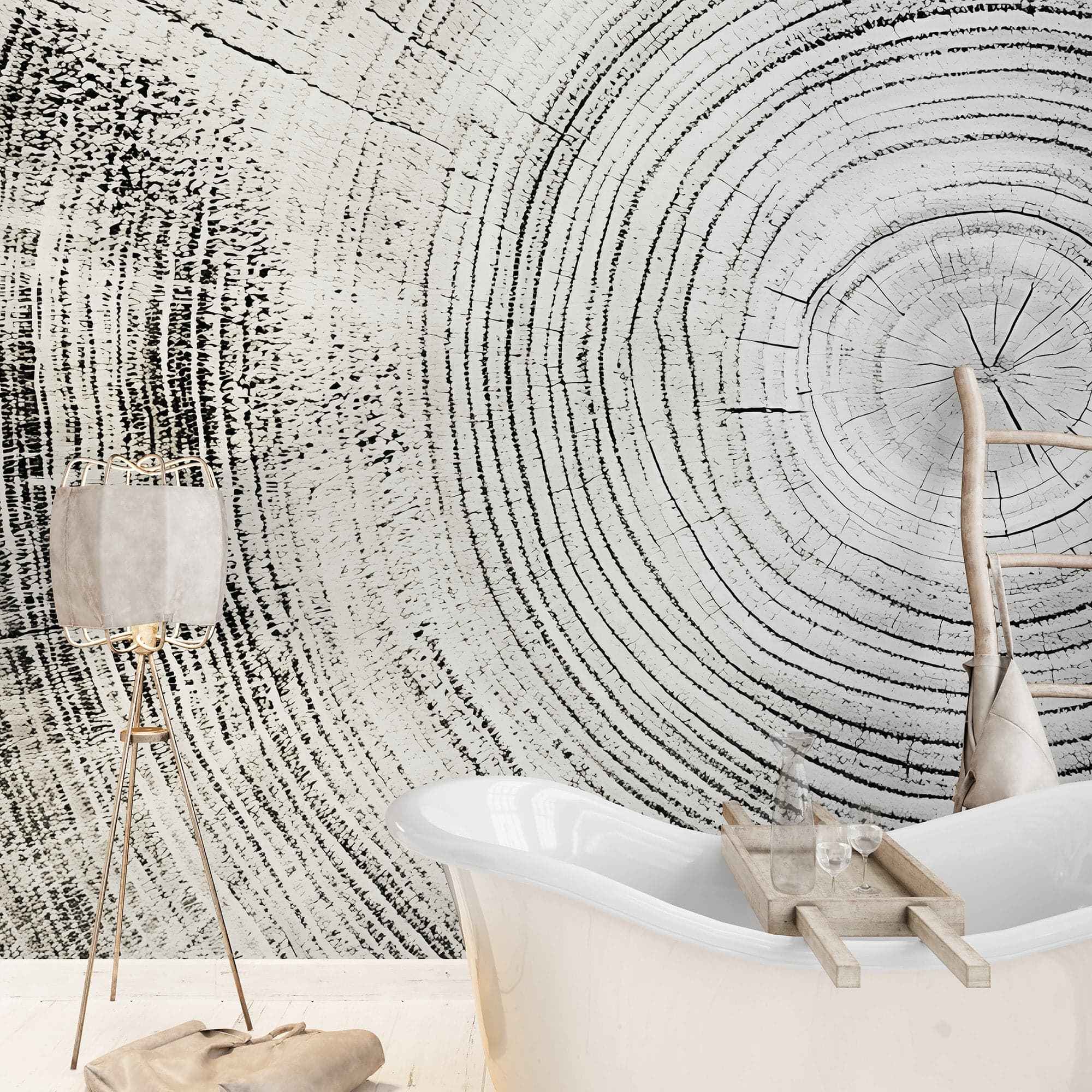 Tree Rings Wallpaper Mural. Black and White  Modern Wood Grain Circle Pattern. #7022