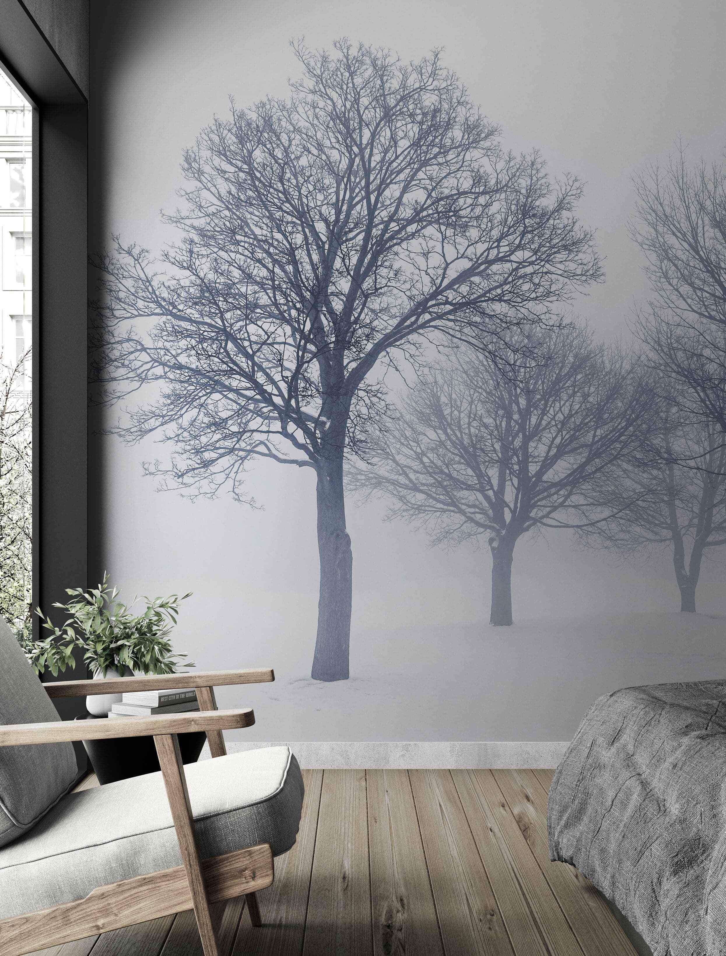 Black and White Snow Covered Trees Winter Landscape Wall Mural. #7042