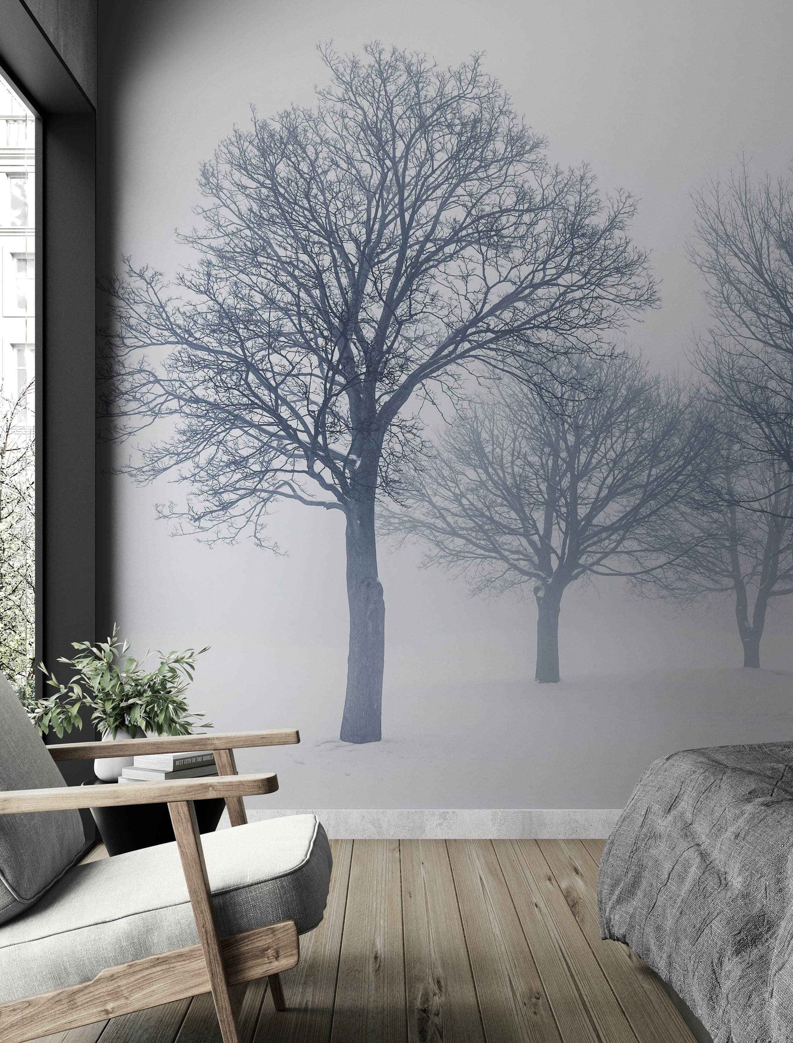 Black and White Snow Covered Trees Winter Landscape Wall Mural. #7042