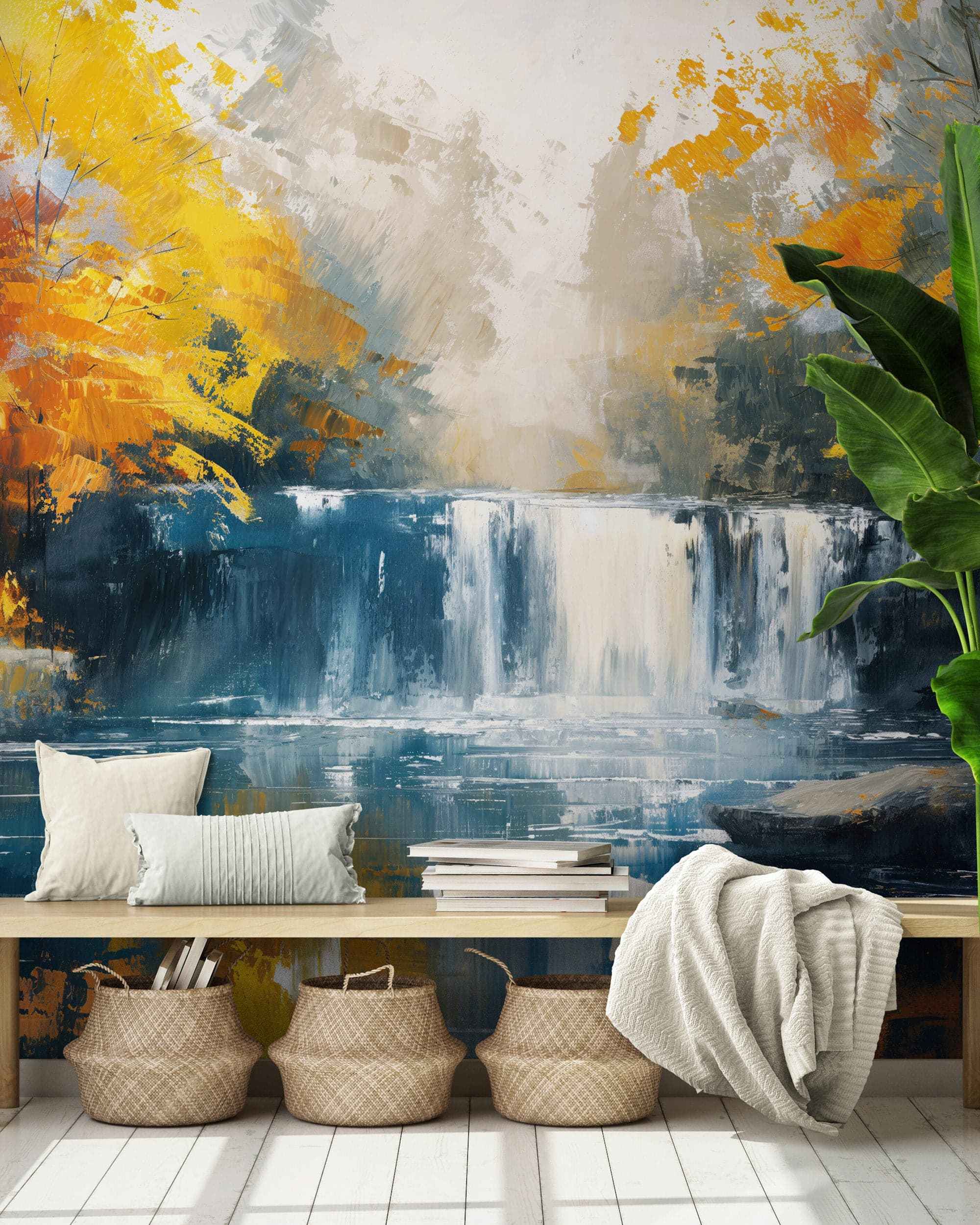 Tropical Waterfall Colorful Painting Wallpaper Mural. #7049