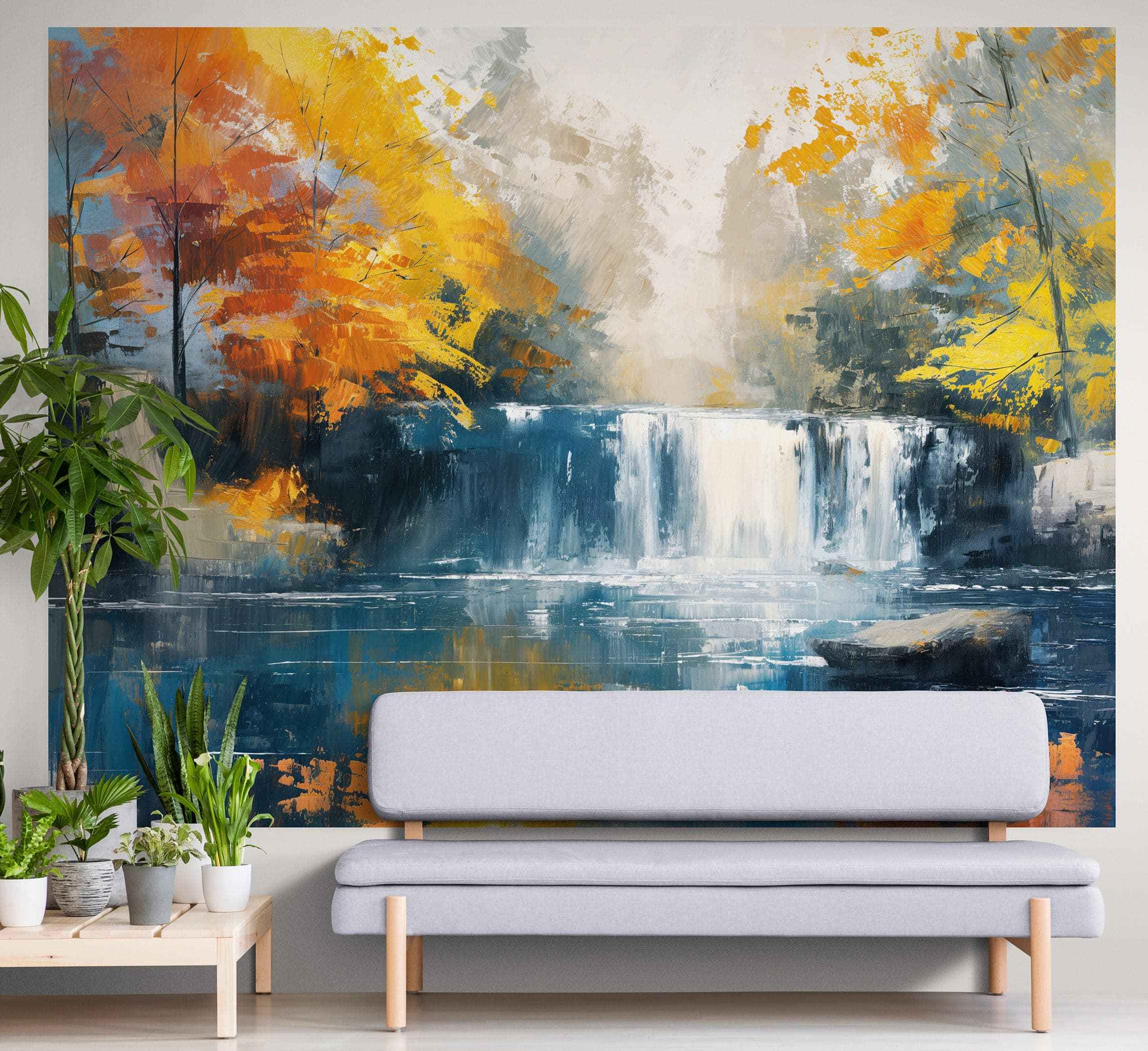 Tropical Waterfall Colorful Painting Wallpaper Mural. #7049