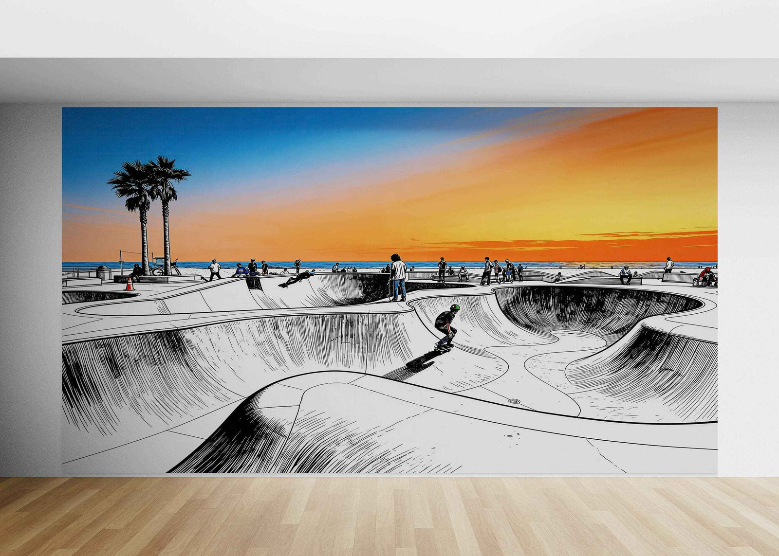 Vibrant Illustration of Skate Park Sunset Wall Mural. #7067