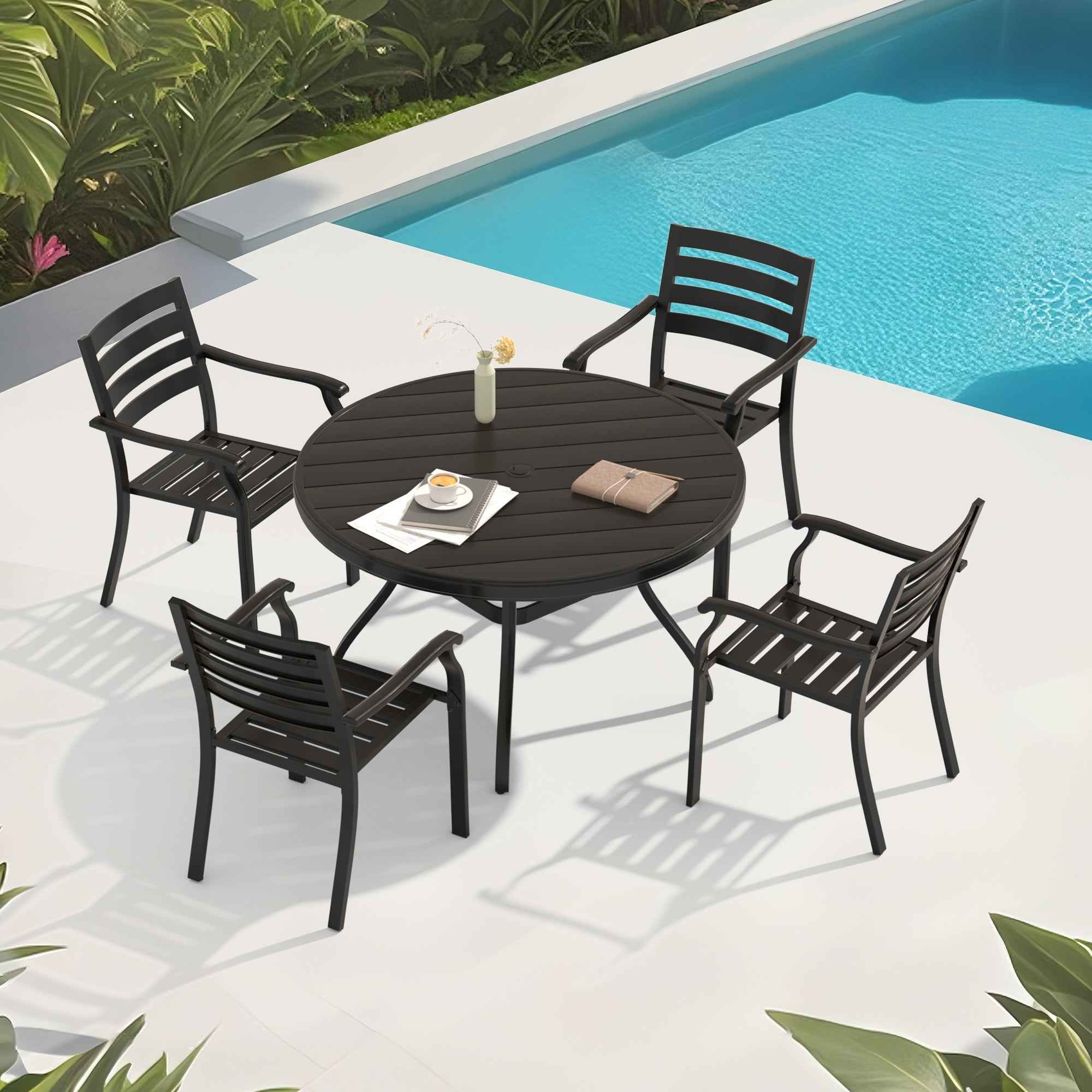 5 Pieces Outdoor Patio Dining Set with Stackable Metal Chairs and Round Table