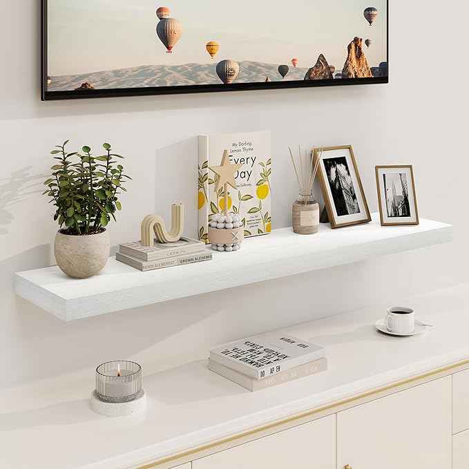 White Floating Shelves 48 Inch Long, 8 Deep Floating Shelves for Wall, Rustic 48" Long Fireplace Mantel, Large 48 x 8 Wall Shelves for Bedroom, Living Room, Bathroom, White Deep Shelves Set of 1