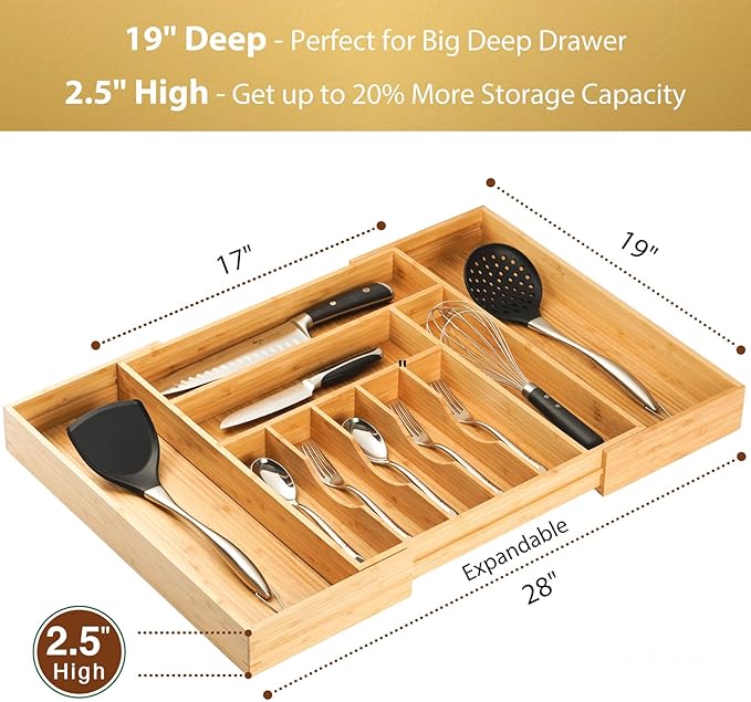 Umilife Extra Large Expandable Kitchen Siverware Utensils Drawer Organizer, 19