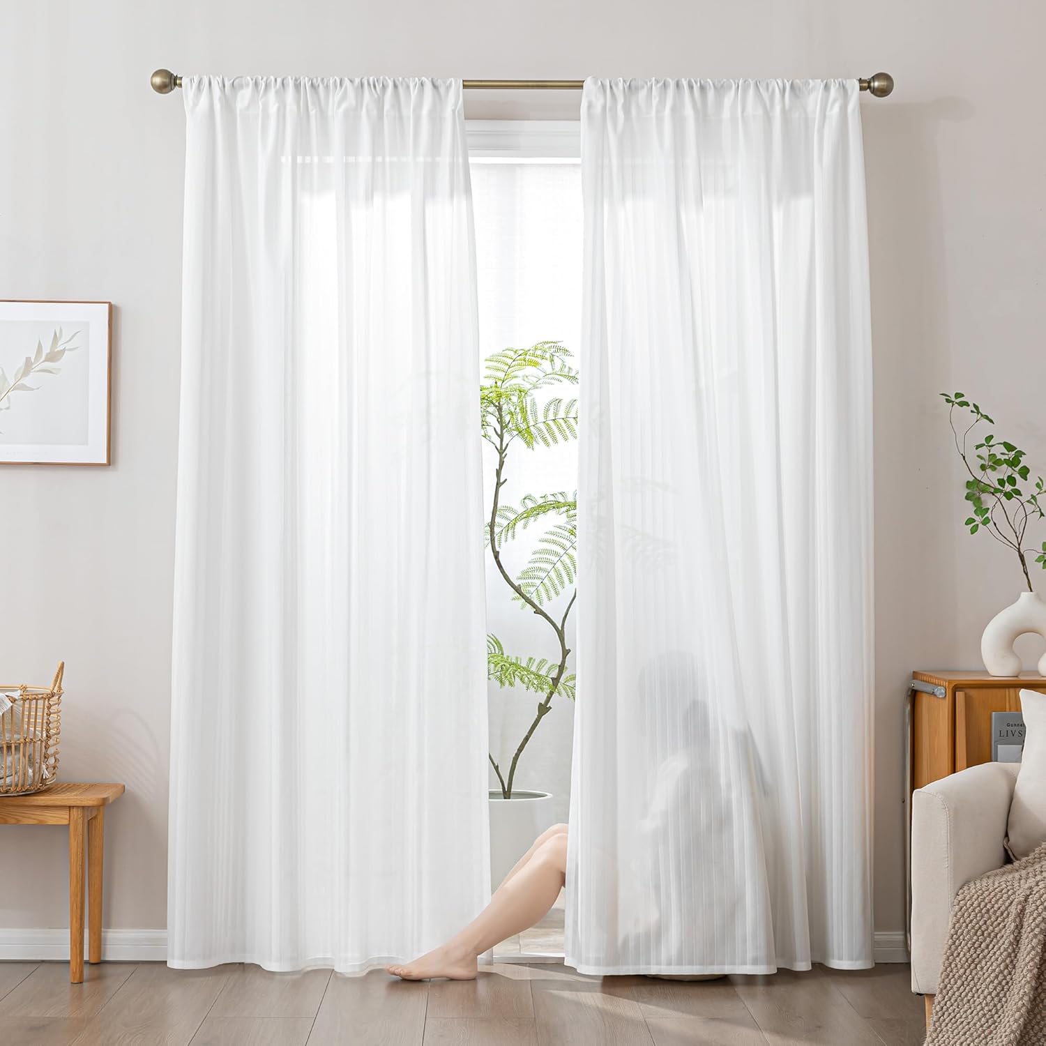 Non-See-Through Thermal Insulated White Sheer Curtains 2 Panels Set Light Filtering Window Drapes with Rod Pocket