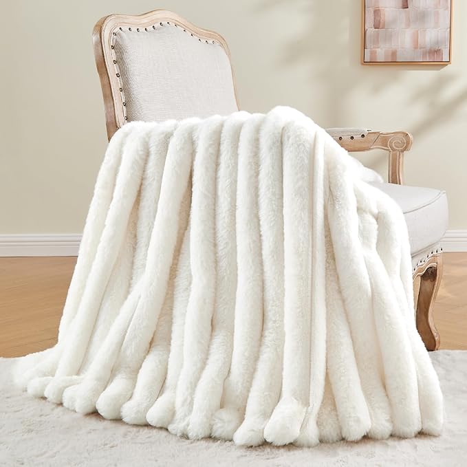 BEDELITE Faux Fur Throw Blanket for Couch, Soft and Cozy Luxurious 3D Striped Fluffy Blanket, 770GSM Thick Warm Plush Fuzzy Faux Rabbit Fur Blanket for Women Gift (Cream, 60