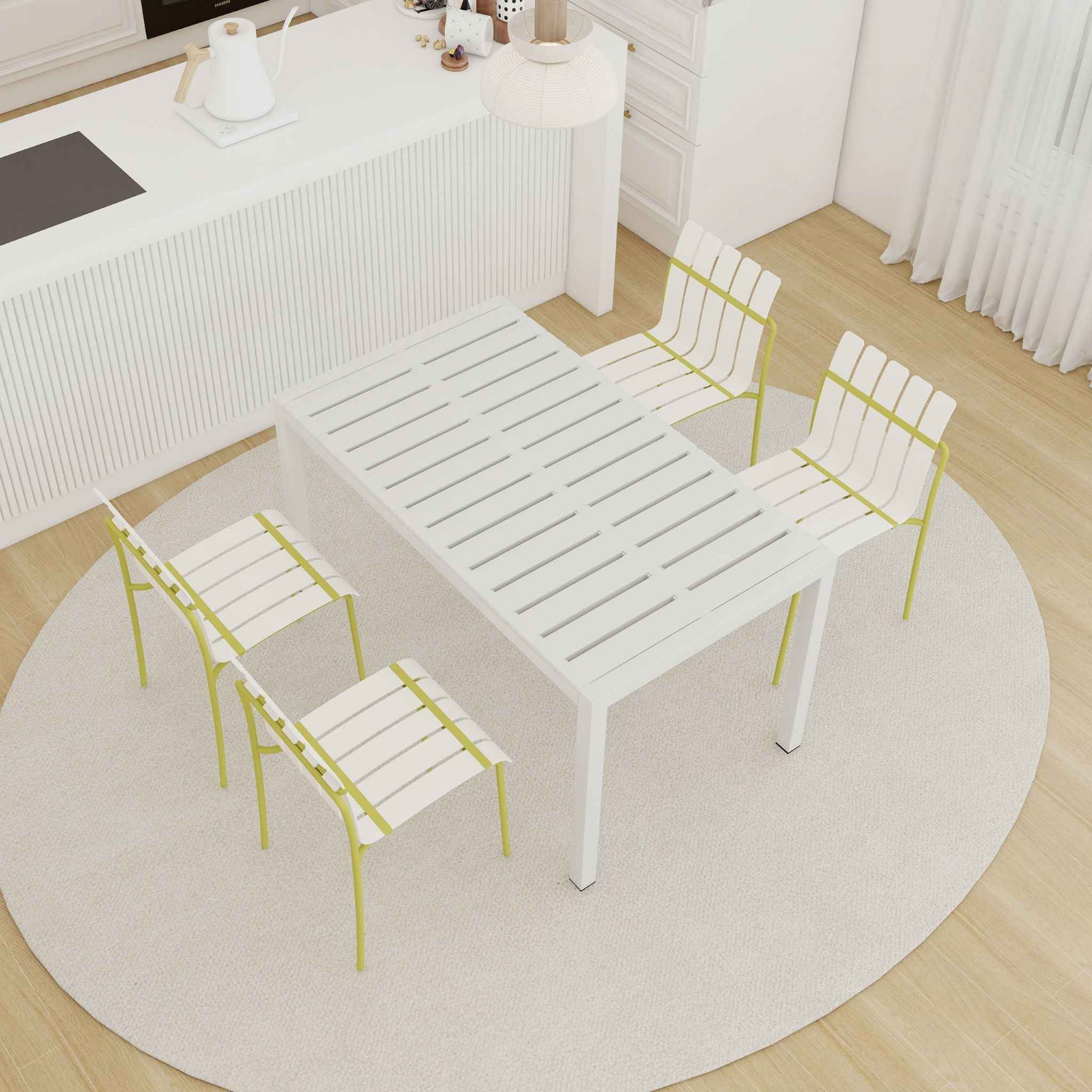 4 Piece Set Of Modern Color Block Designed Single Chairs With Long Table