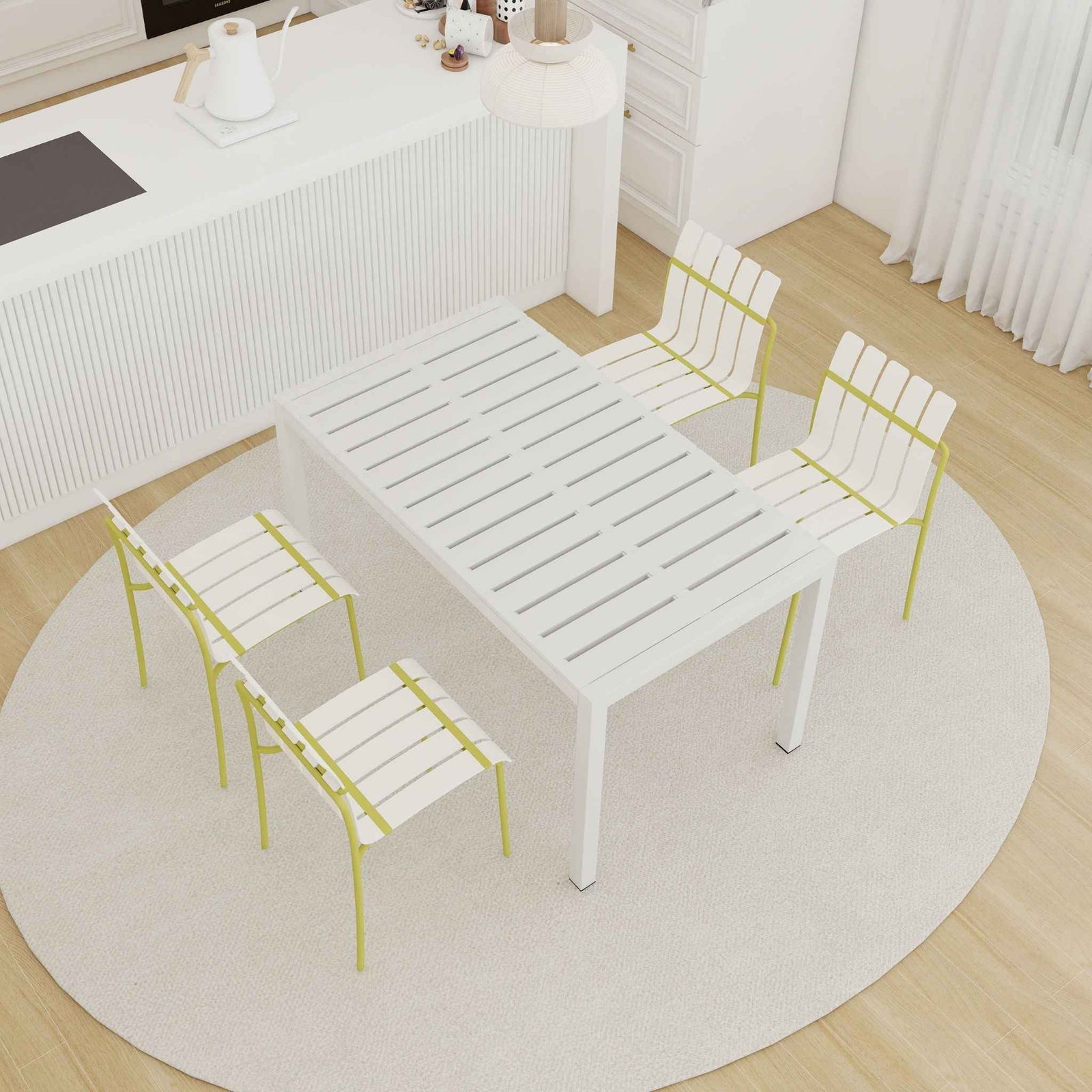 4 Piece Set Of Modern Color Block Designed Single Chairs With Long Table