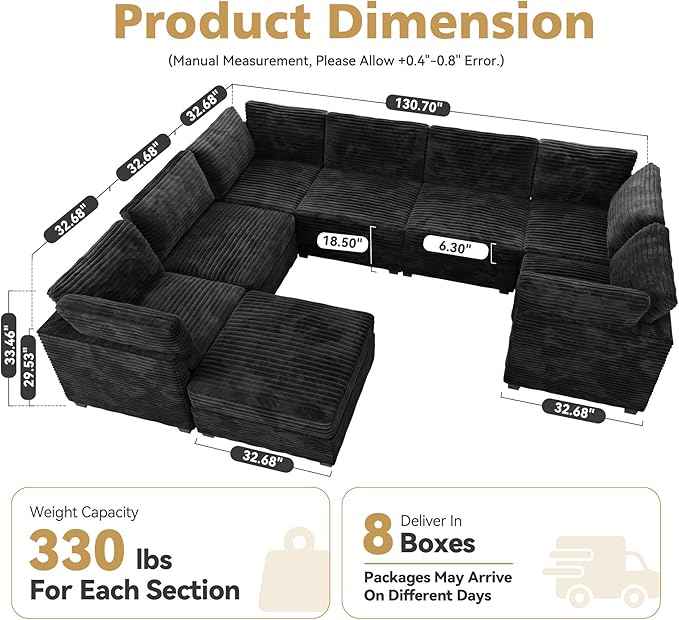 Modular Sectional Sofa with Chaise U Shaped Sectional Couch for Living Room, 8-Seater Comfy Cloud Couches with One Movable Ottoman, Plush Corduroy, Black